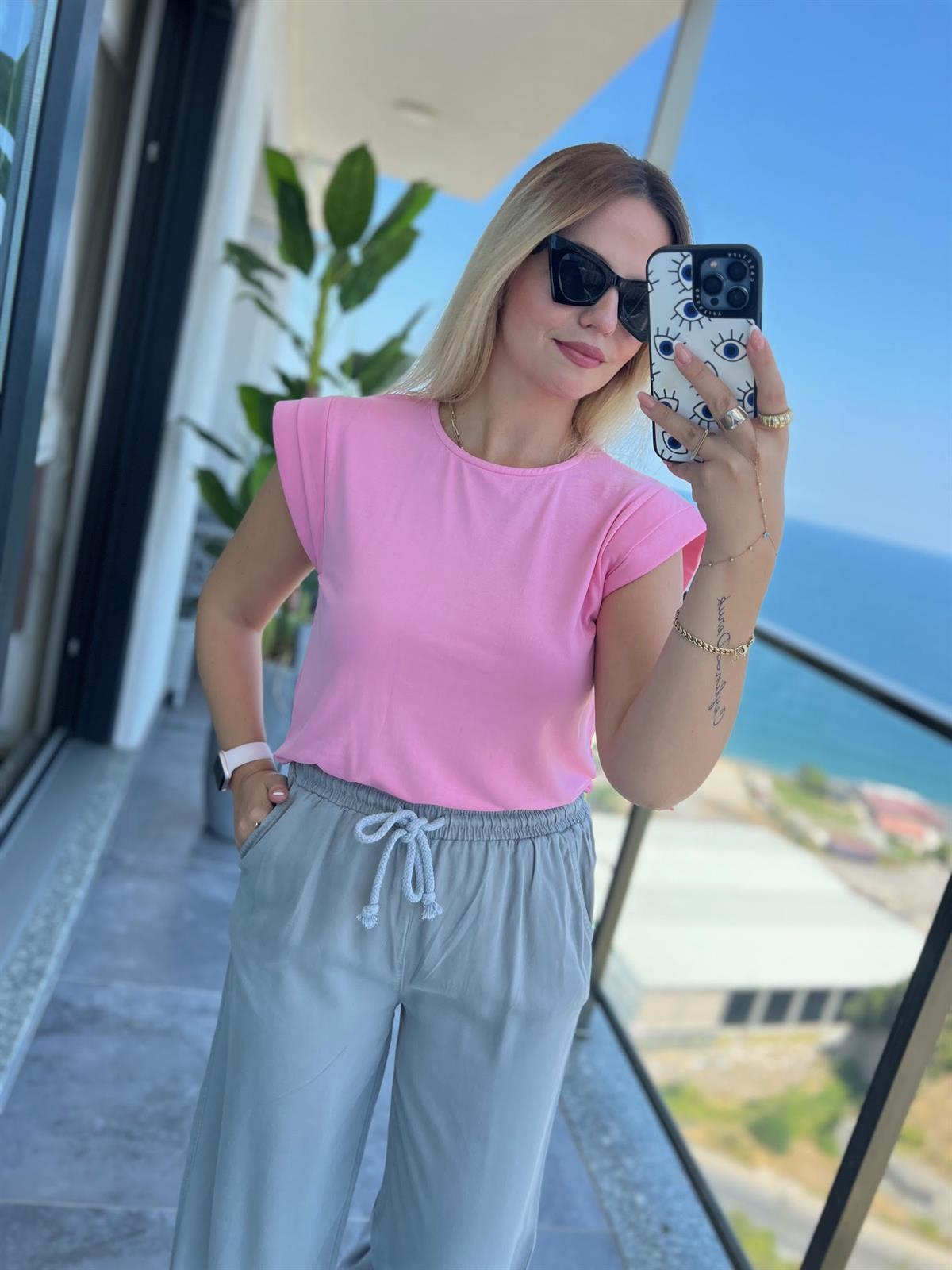 1016 Omuzu Süngerli Bluz PEMBE