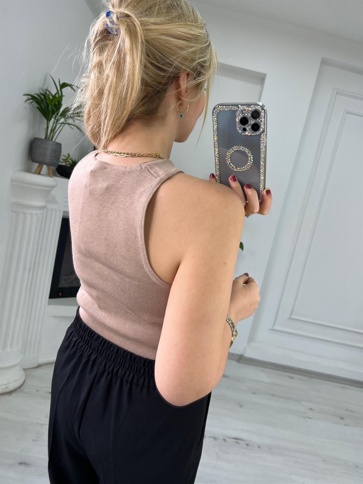 10173 Bisiklet Yaka Dekolte Crop BEJ