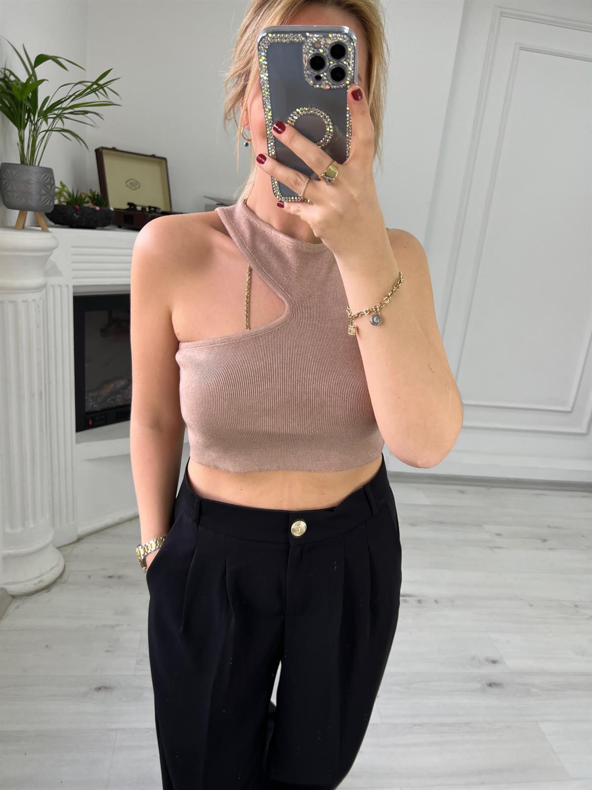 10173 Bisiklet Yaka Dekolte Crop BEJ