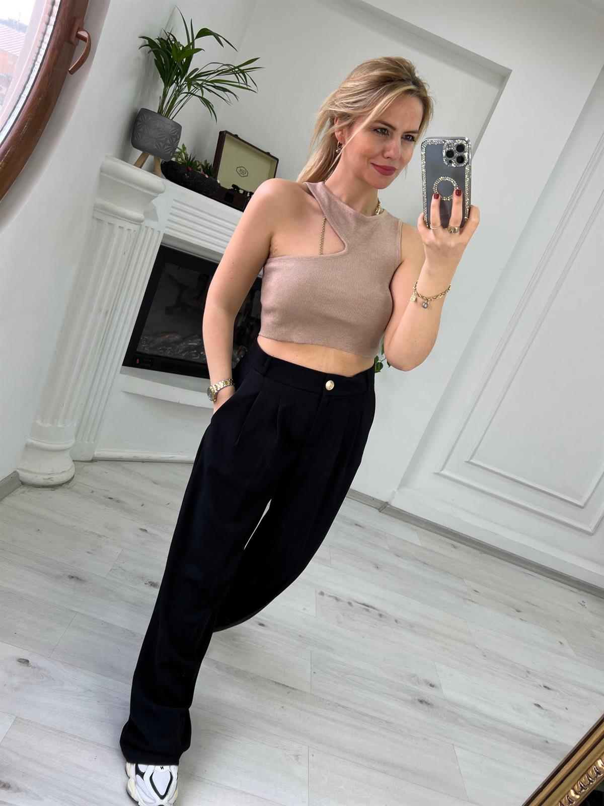 10173 Bisiklet Yaka Dekolte Crop BEJ