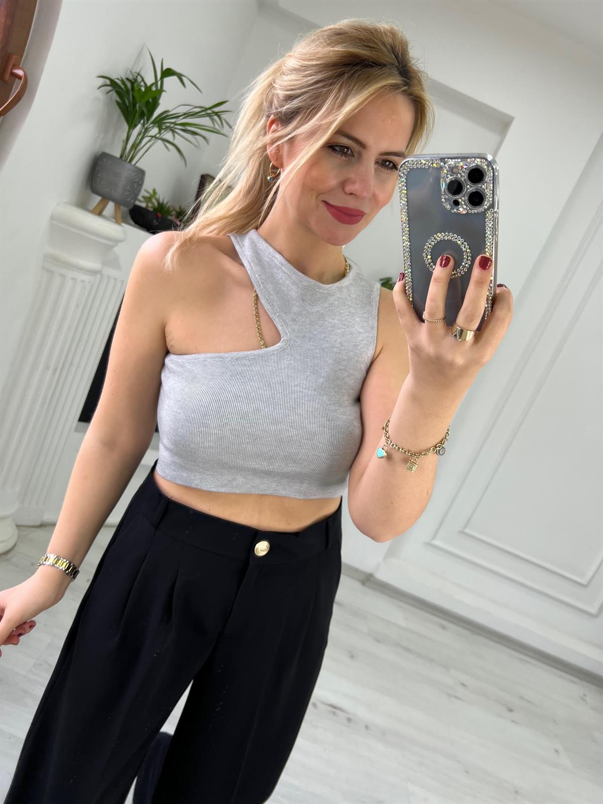 10173 Bisiklet Yaka Dekolte Crop GRİ