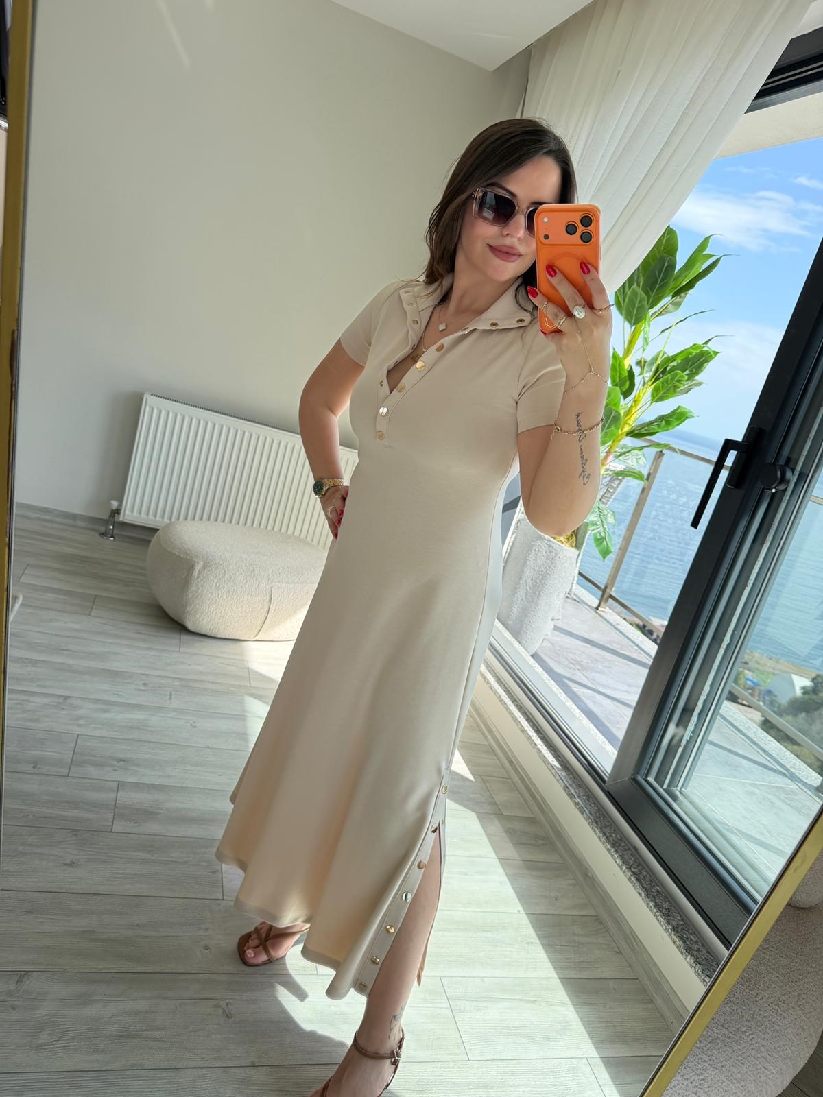 1023 Yarım Kol Patlı Elbise BEJ