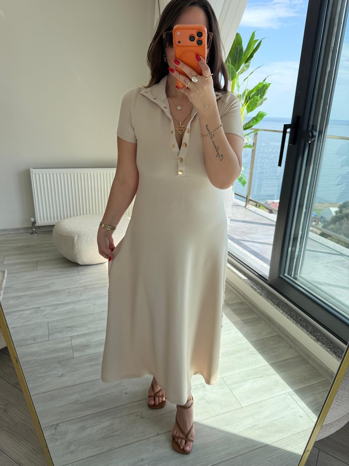 1023 Yarım Kol Patlı Elbise BEJ