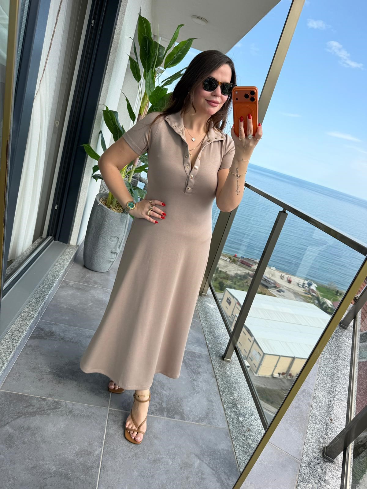 1023 Yarım Kol Patlı Elbise VİZON