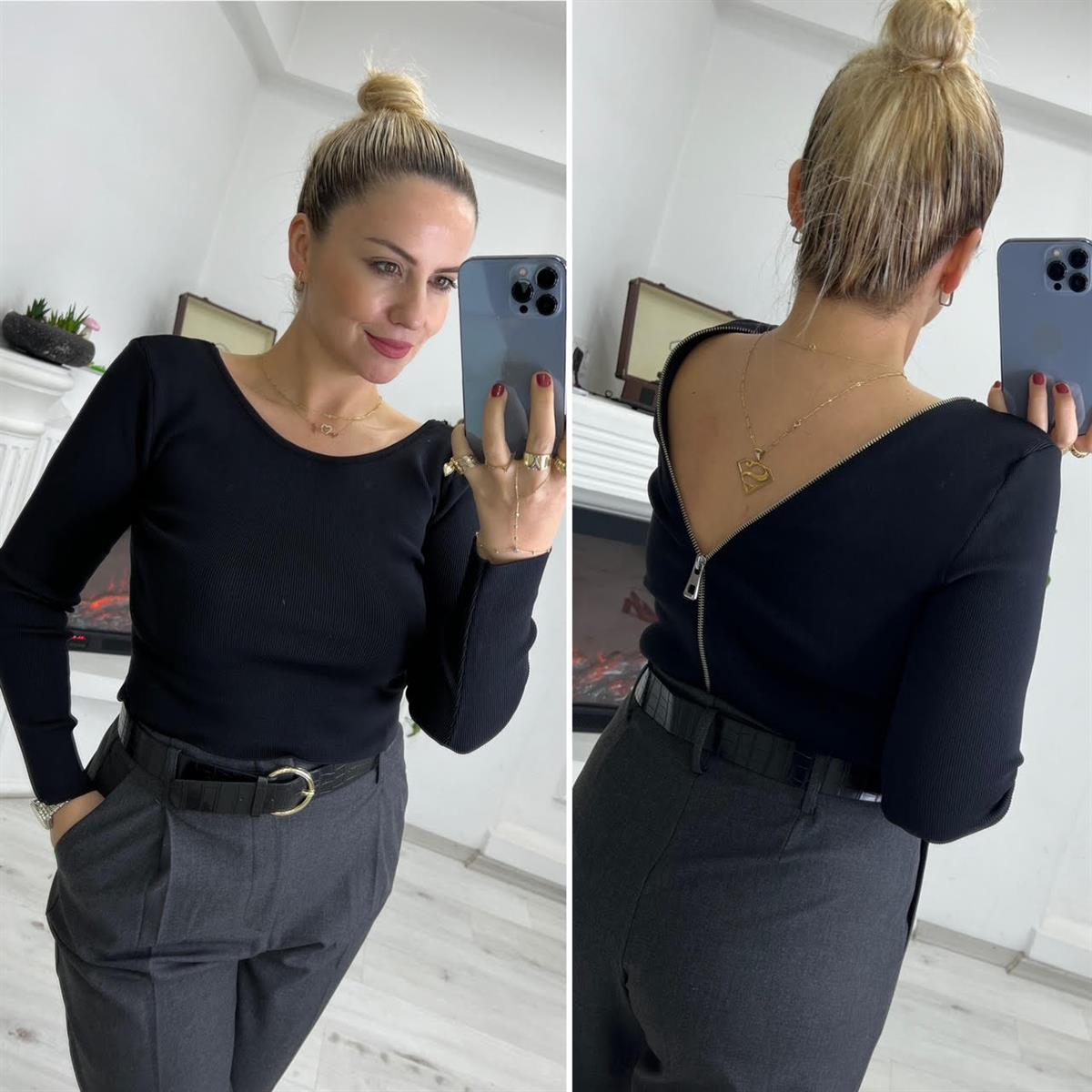 10325 Polo Yaka Çizgili Kazak SİYAH