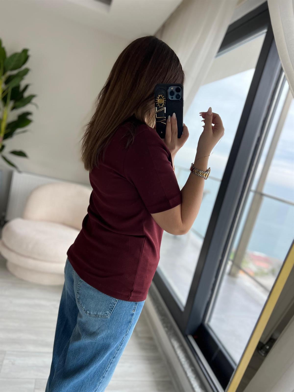 1075 Bisiklet Yaka Tshirt BORDO