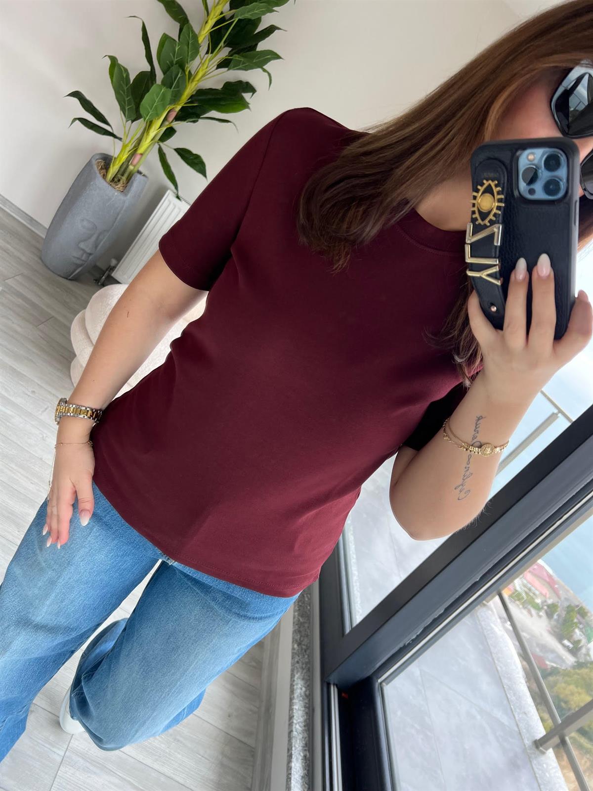1075 Bisiklet Yaka Tshirt BORDO