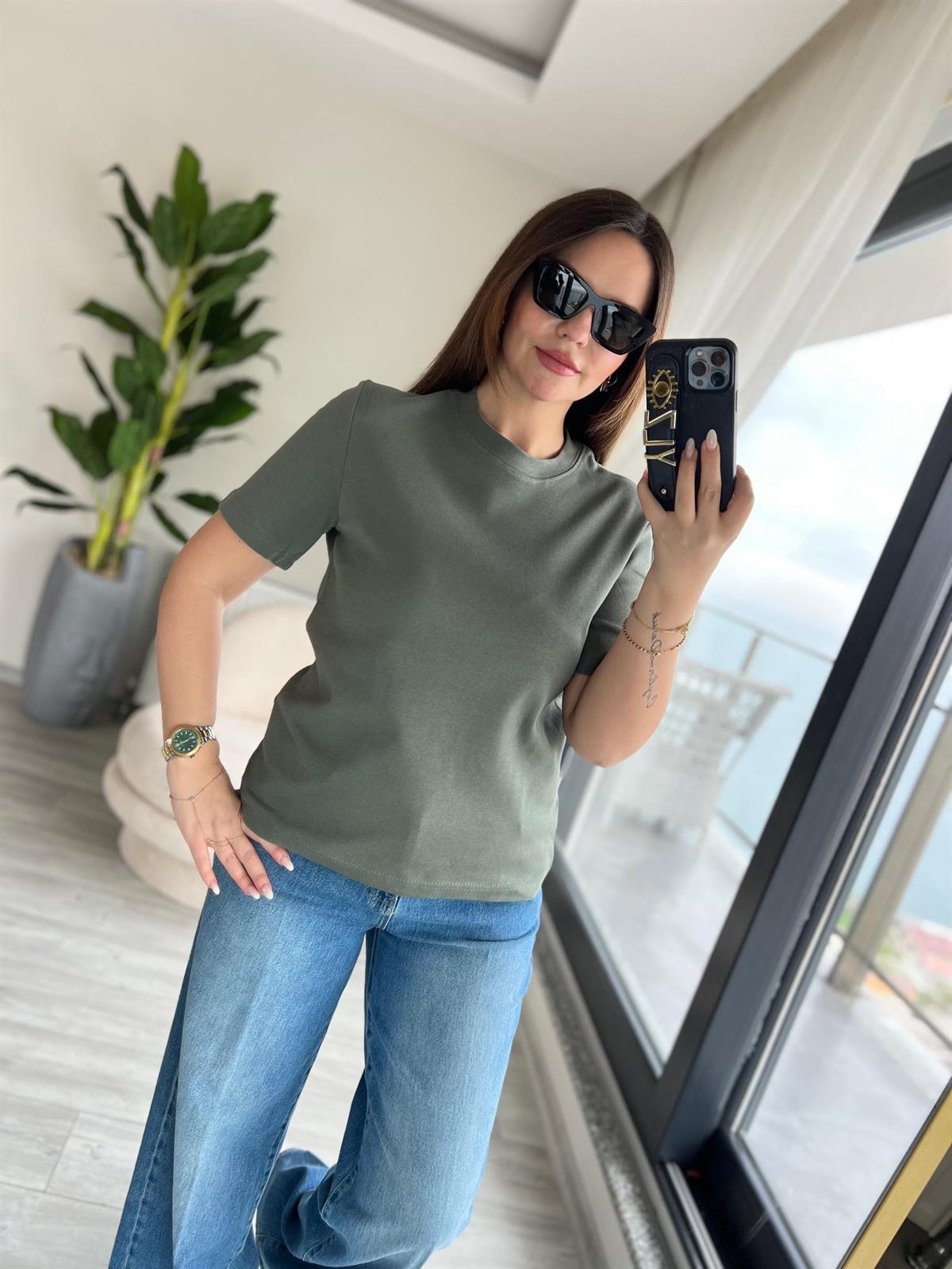 1075 Bisiklet Yaka Tshirt HAKİ YEŞİL