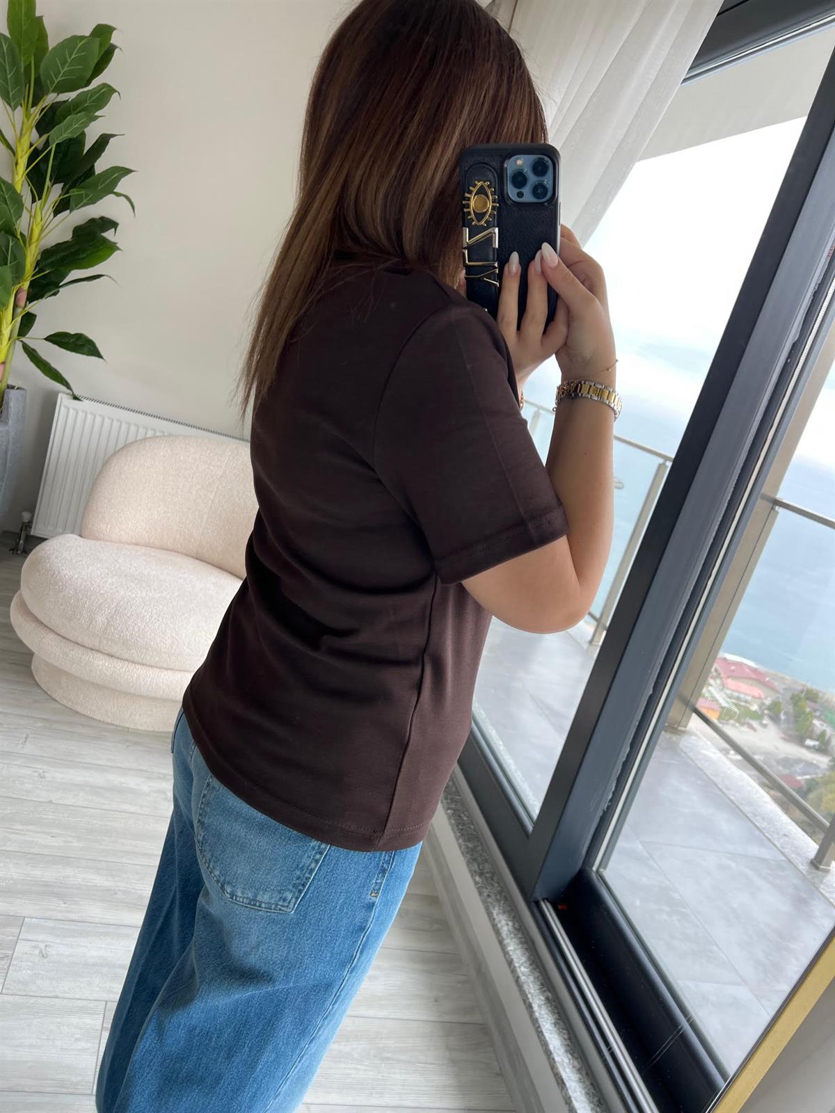 1075 Bisiklet Yaka Tshirt KAHVE