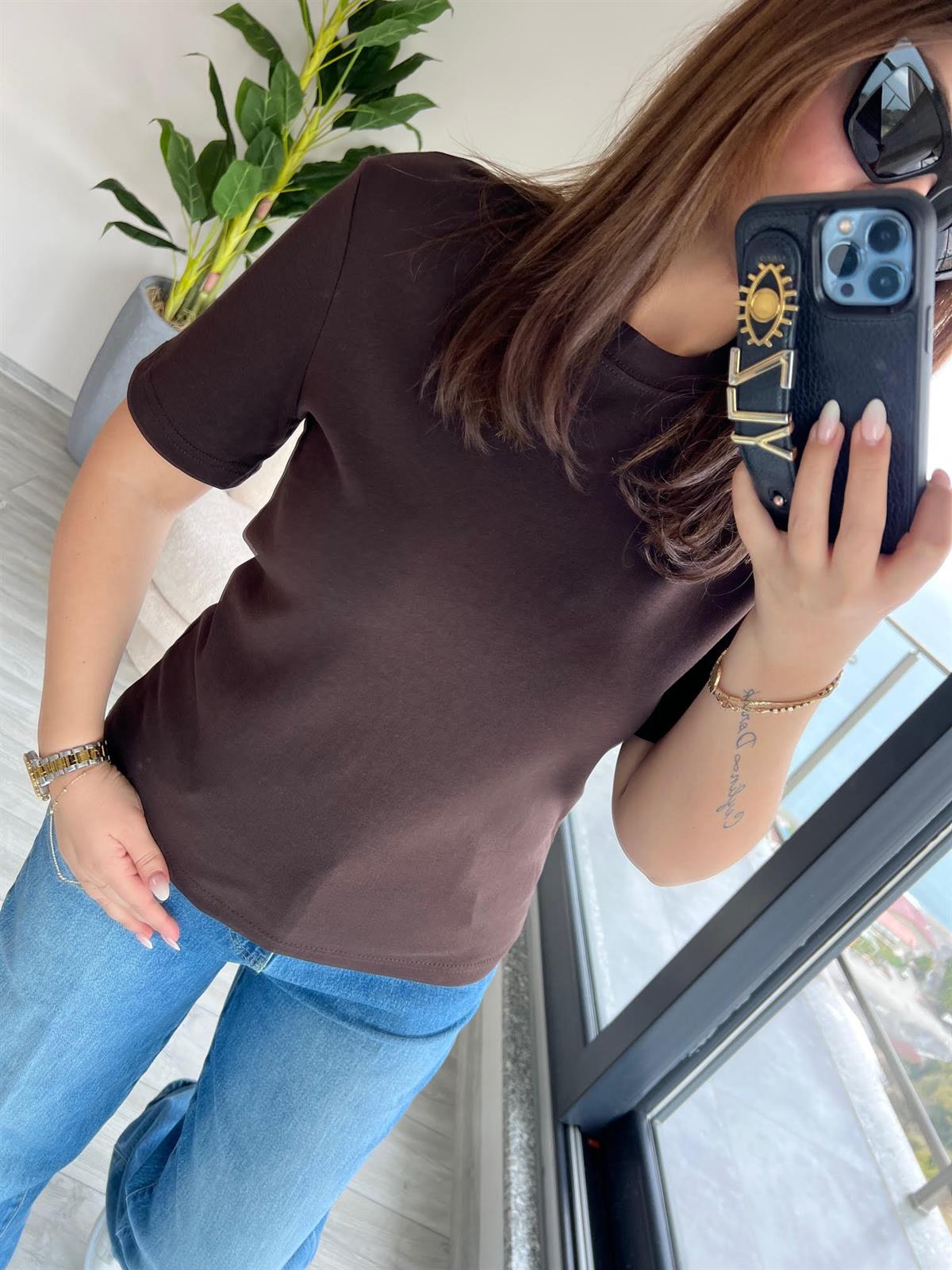 1075 Bisiklet Yaka Tshirt KAHVE