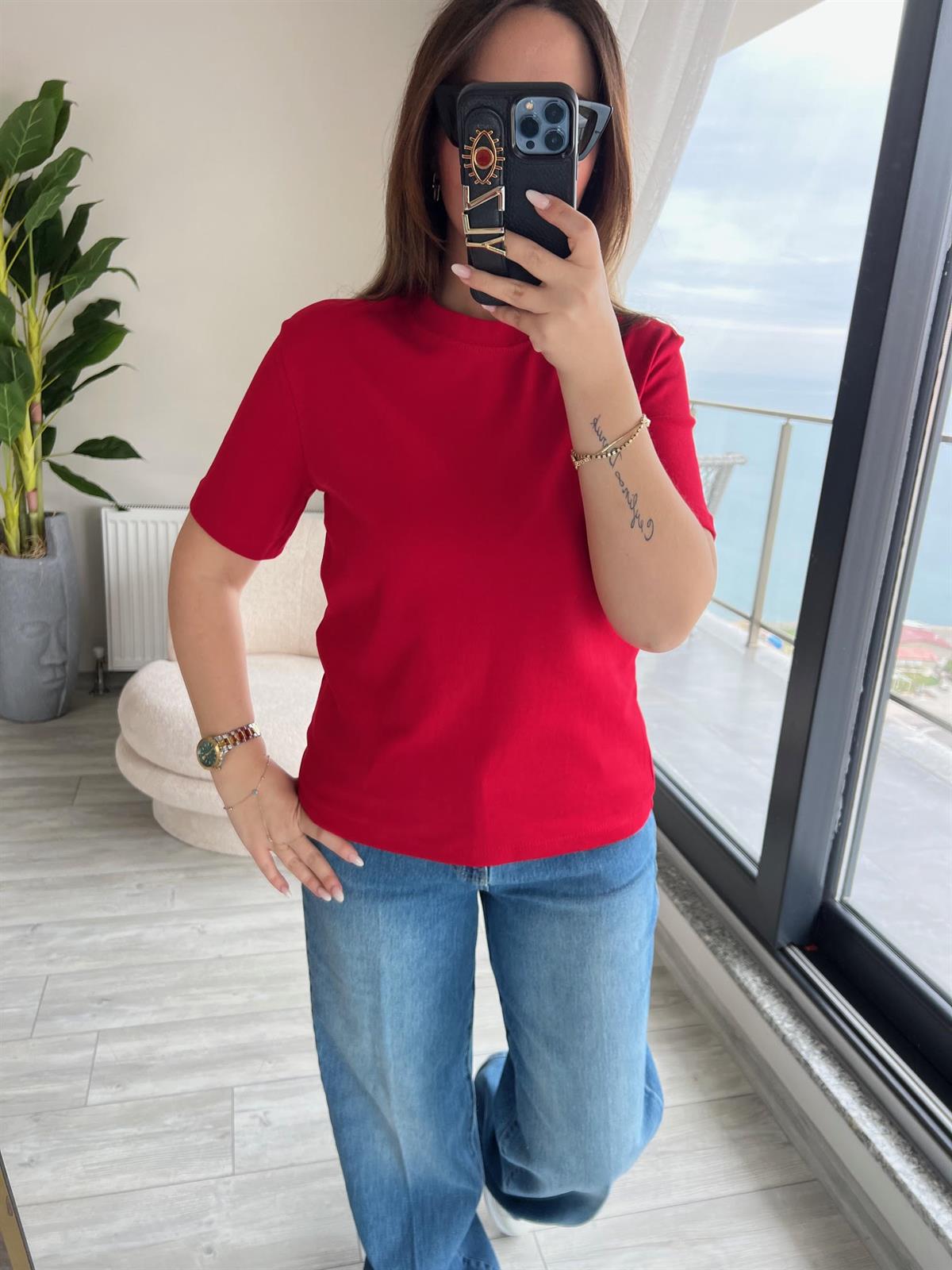 1075 Bisiklet Yaka Tshirt KIRMIZI