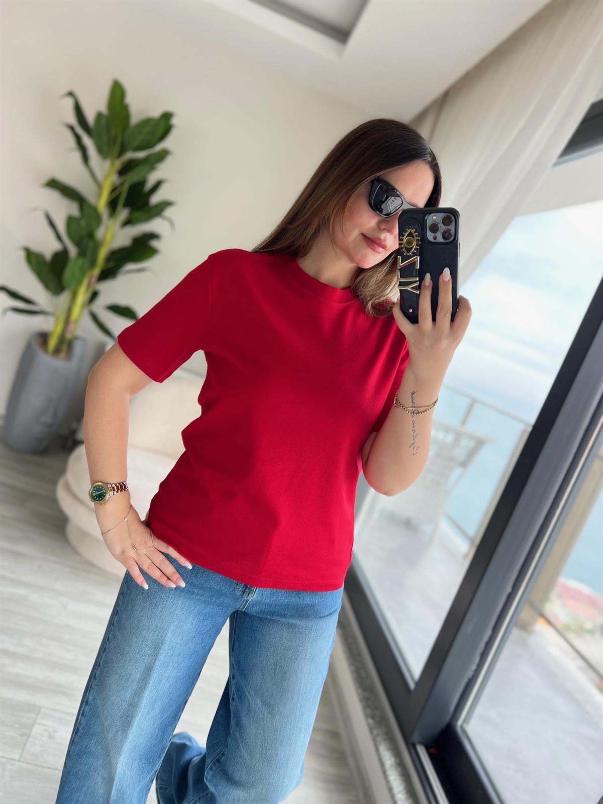 1075 Bisiklet Yaka Tshirt KIRMIZI