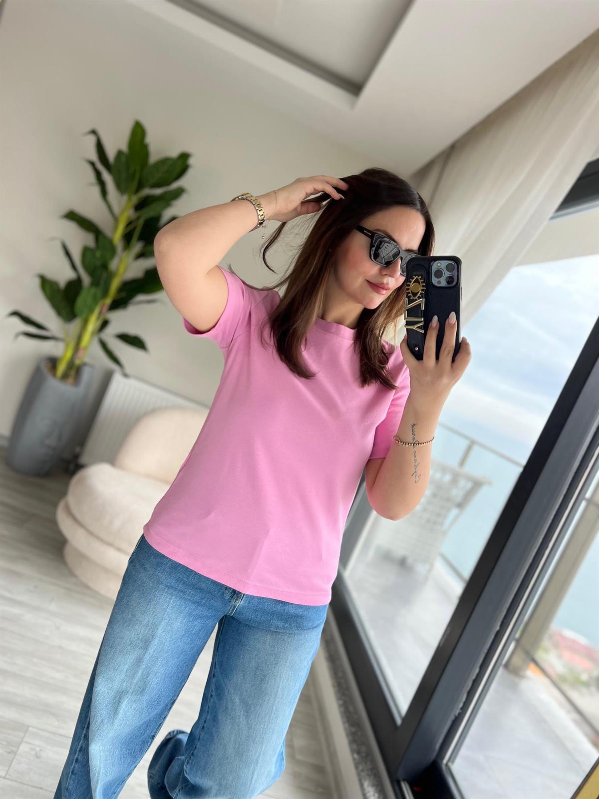 1075 Bisiklet Yaka Tshirt PEMBE