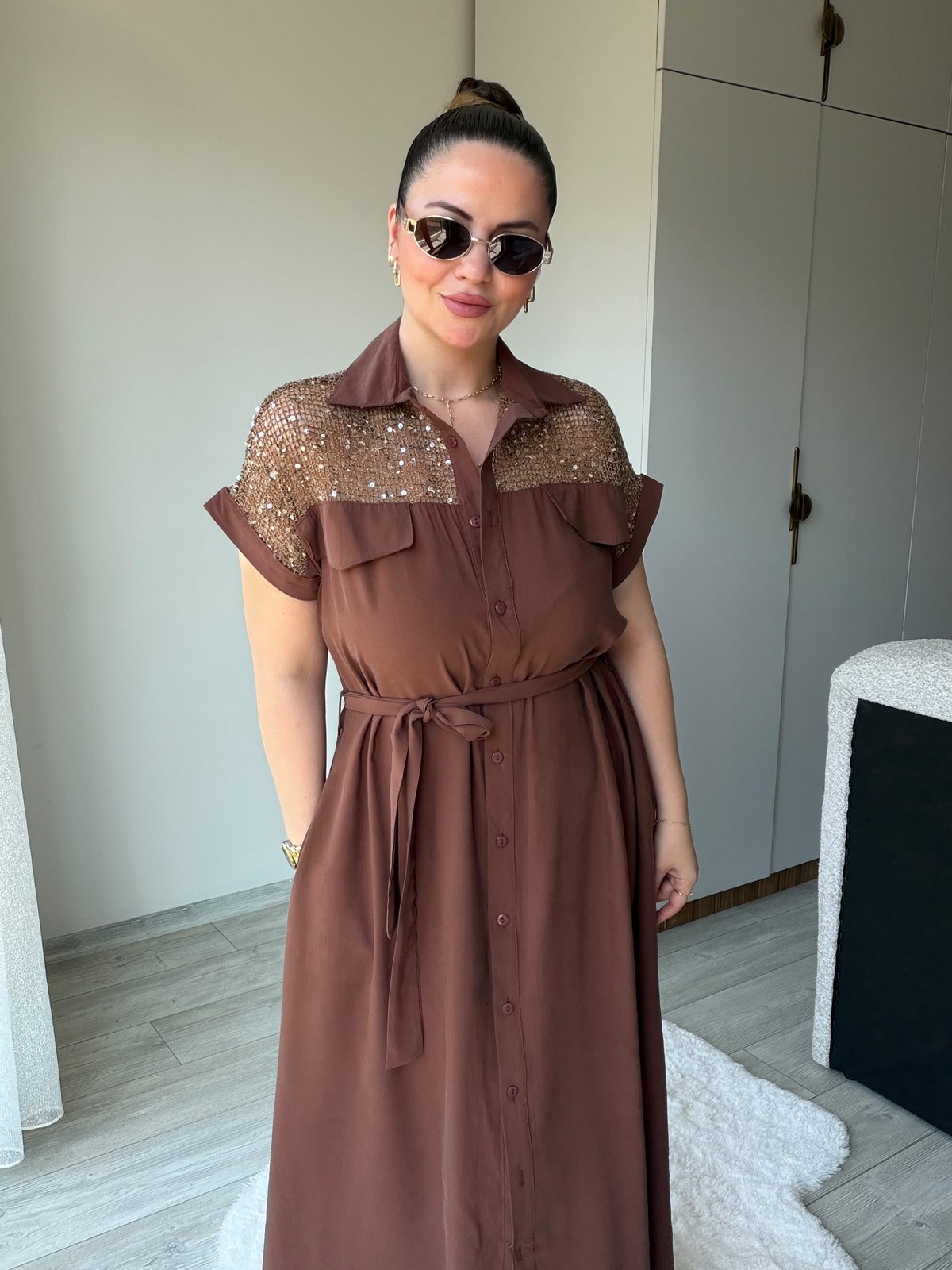 1107 Payet Detay Elbise KAHVE