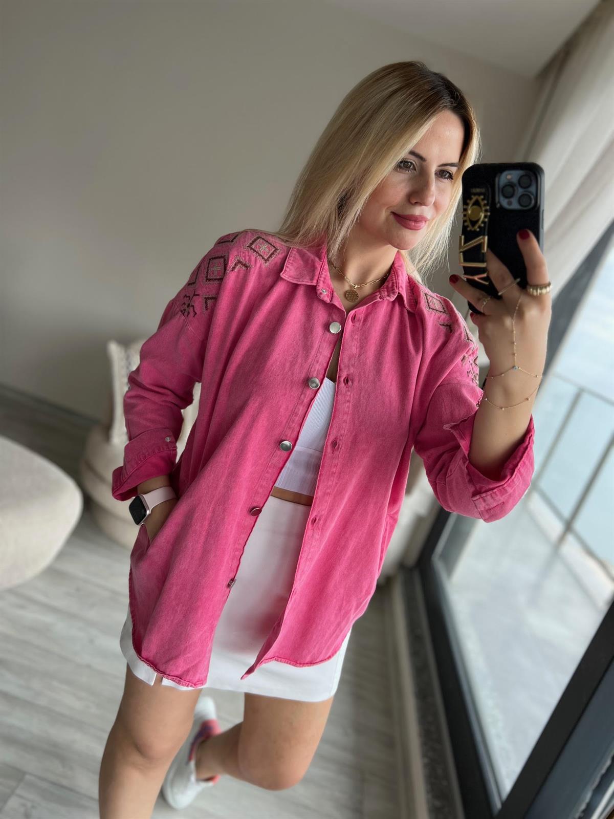 116 Nakışlı Gabardin Gömlek PEMBE