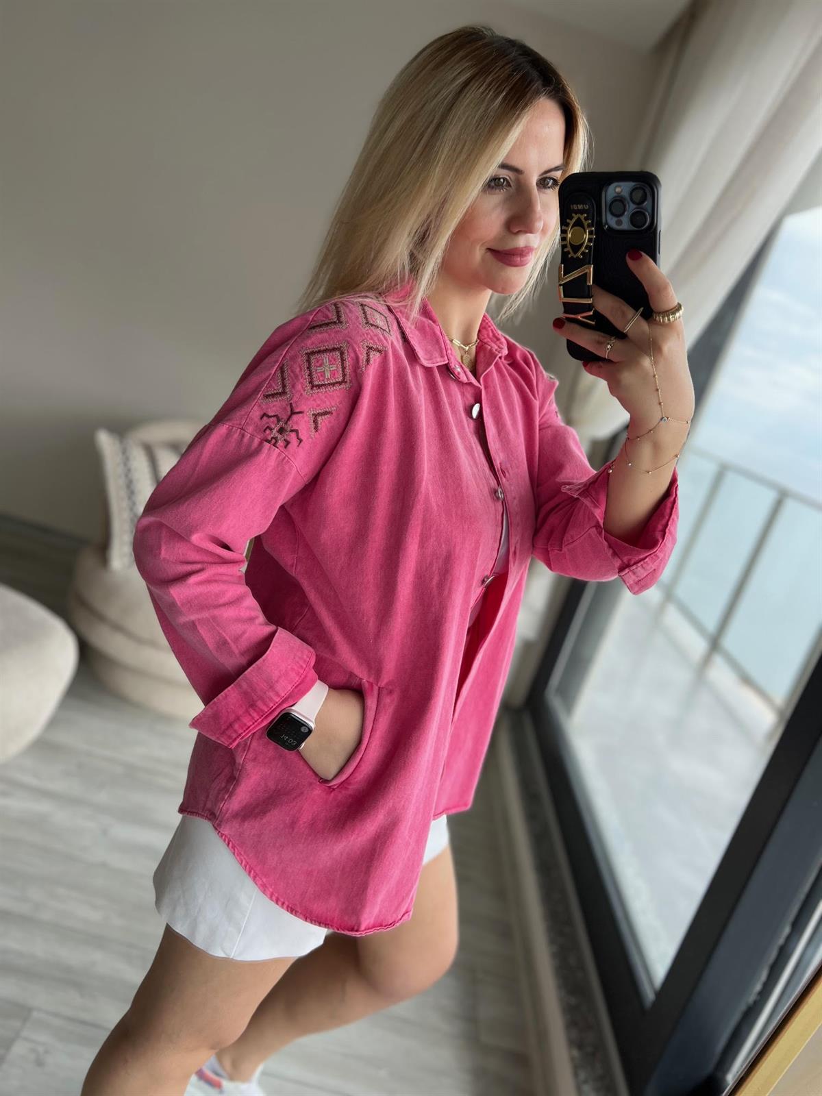116 Nakışlı Gabardin Gömlek PEMBE