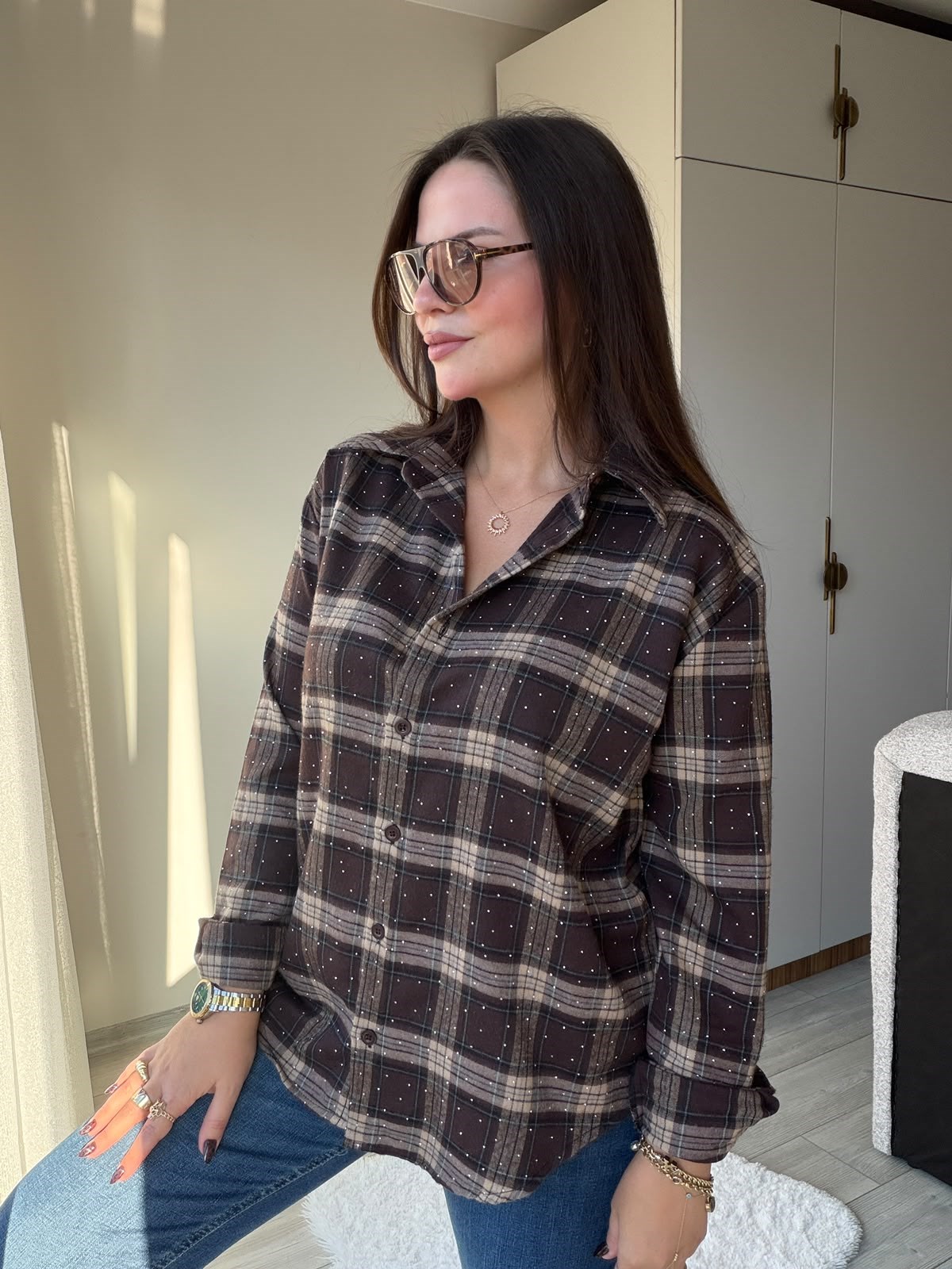 1206 Taş Detaylı Gömlek KAHVE