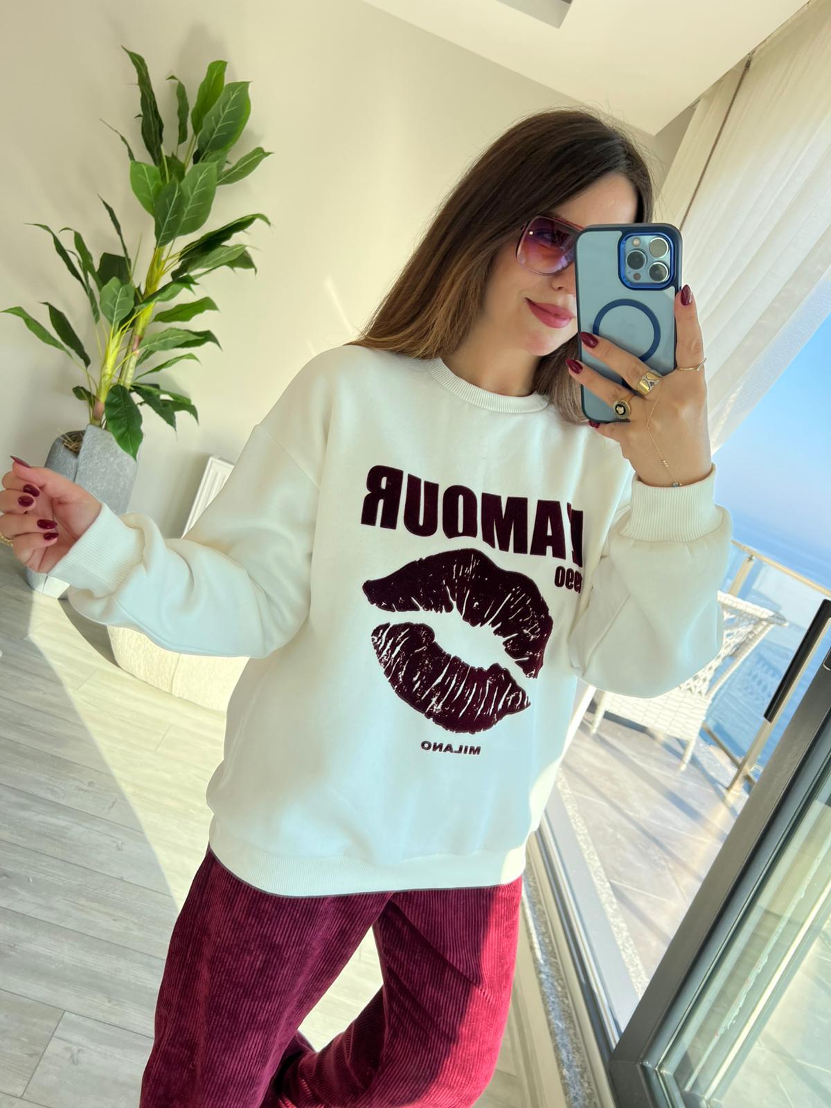 1289 Kadife Yazılı Sweat EKRU