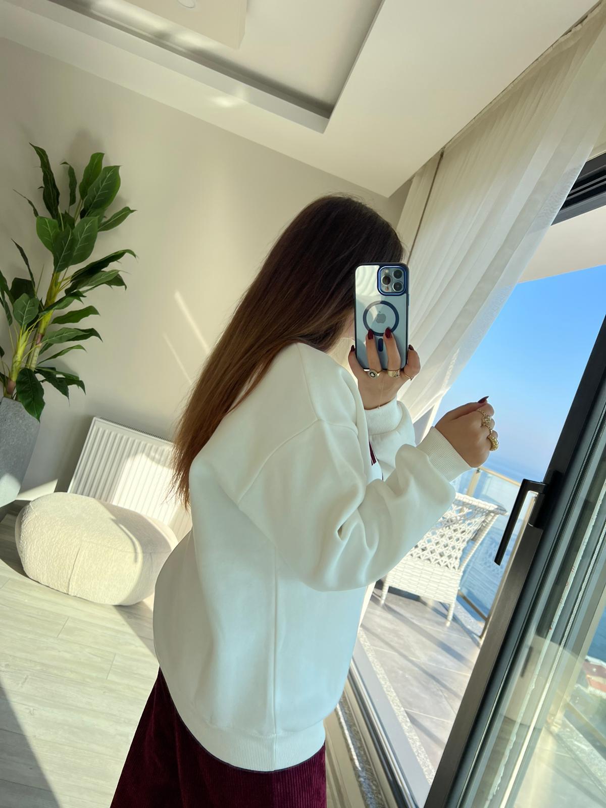 1289 Kadife Yazılı Sweat EKRU