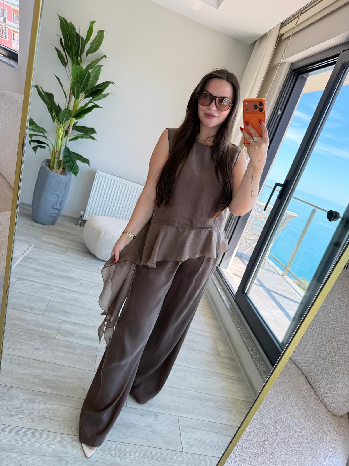 1391 Garnili Bluz Pantolon Takım KAHVE
