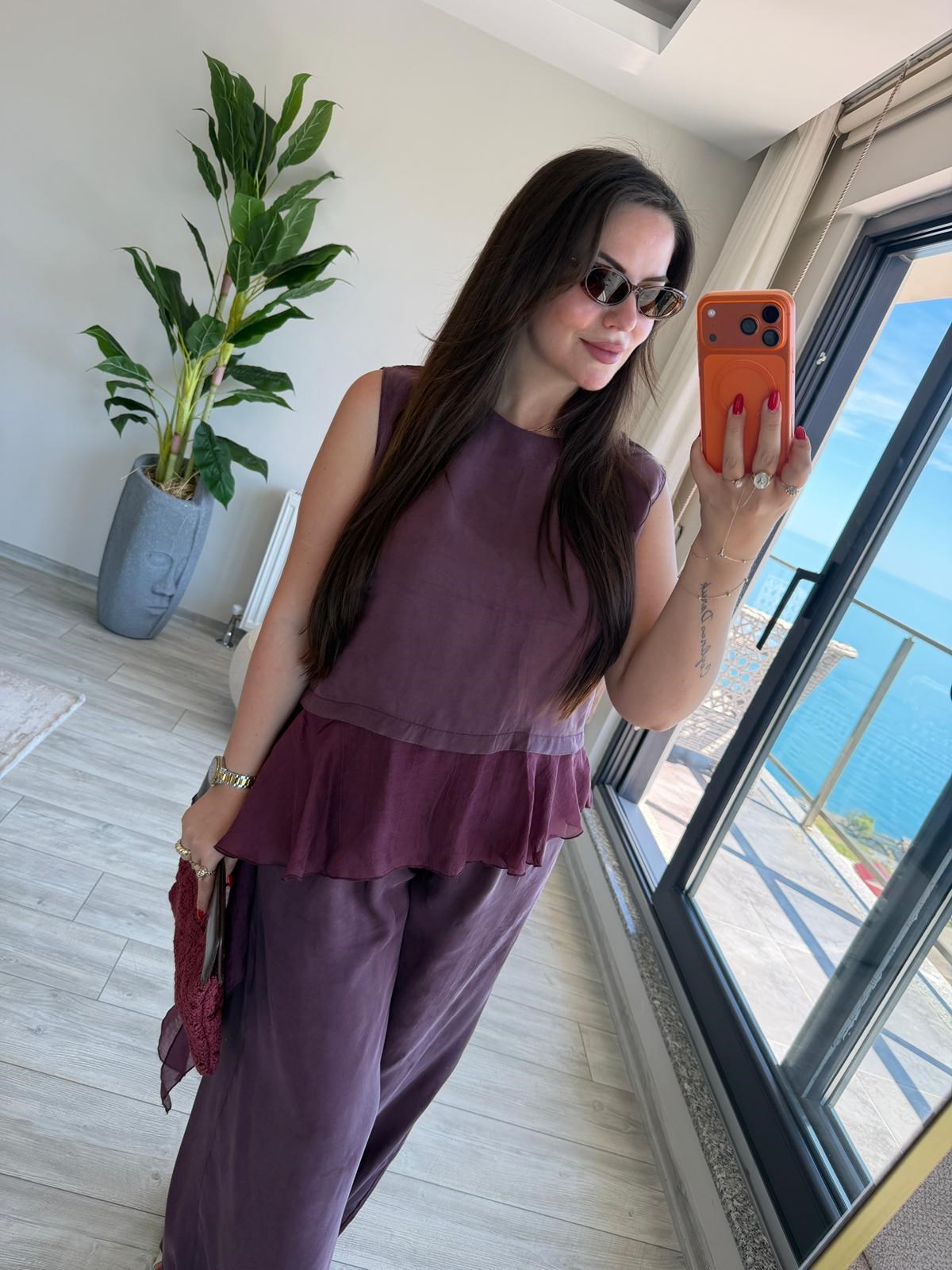 1391 Garnili Bluz Pantolon Takım MÜRDÜM