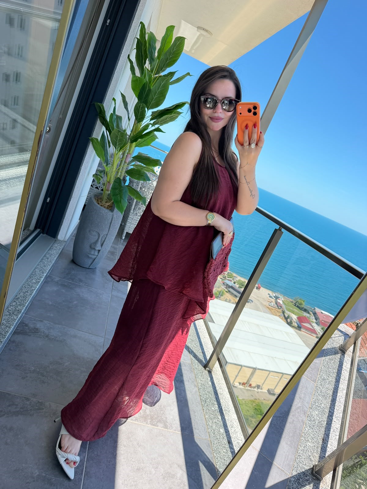 1400 Asimetrik Bluzlu Elbise BORDO