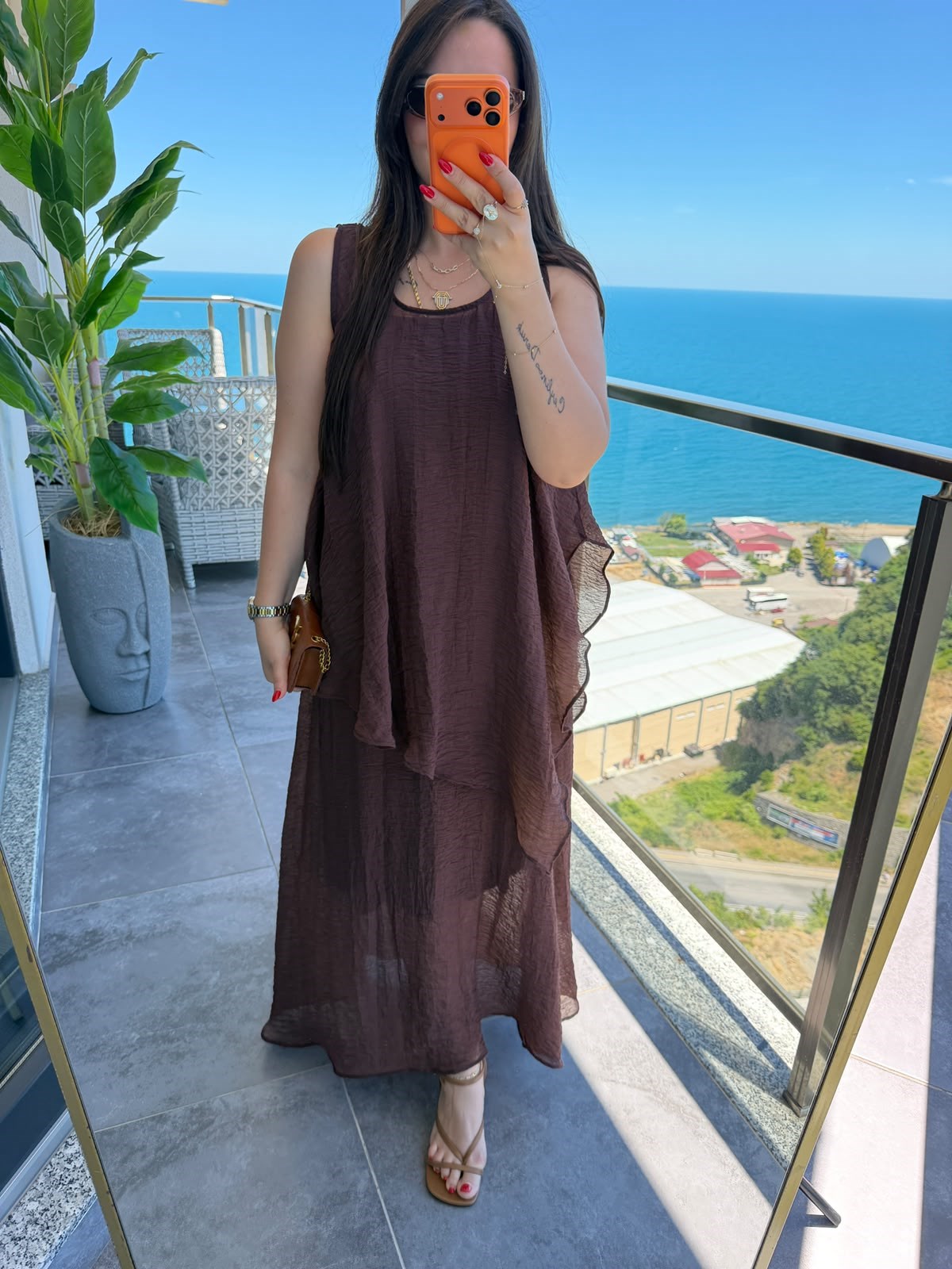 1400 Asimetrik Bluzlu Elbise KAHVE