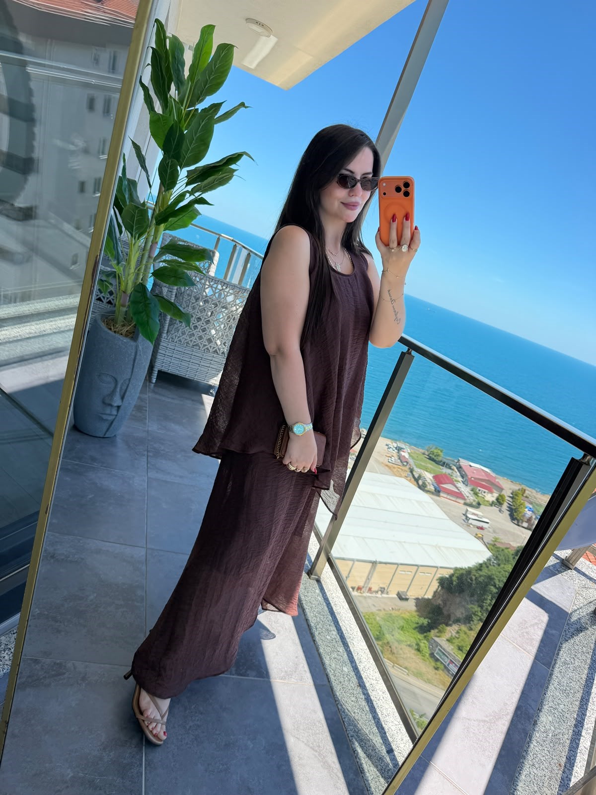 1400 Asimetrik Bluzlu Elbise KAHVE