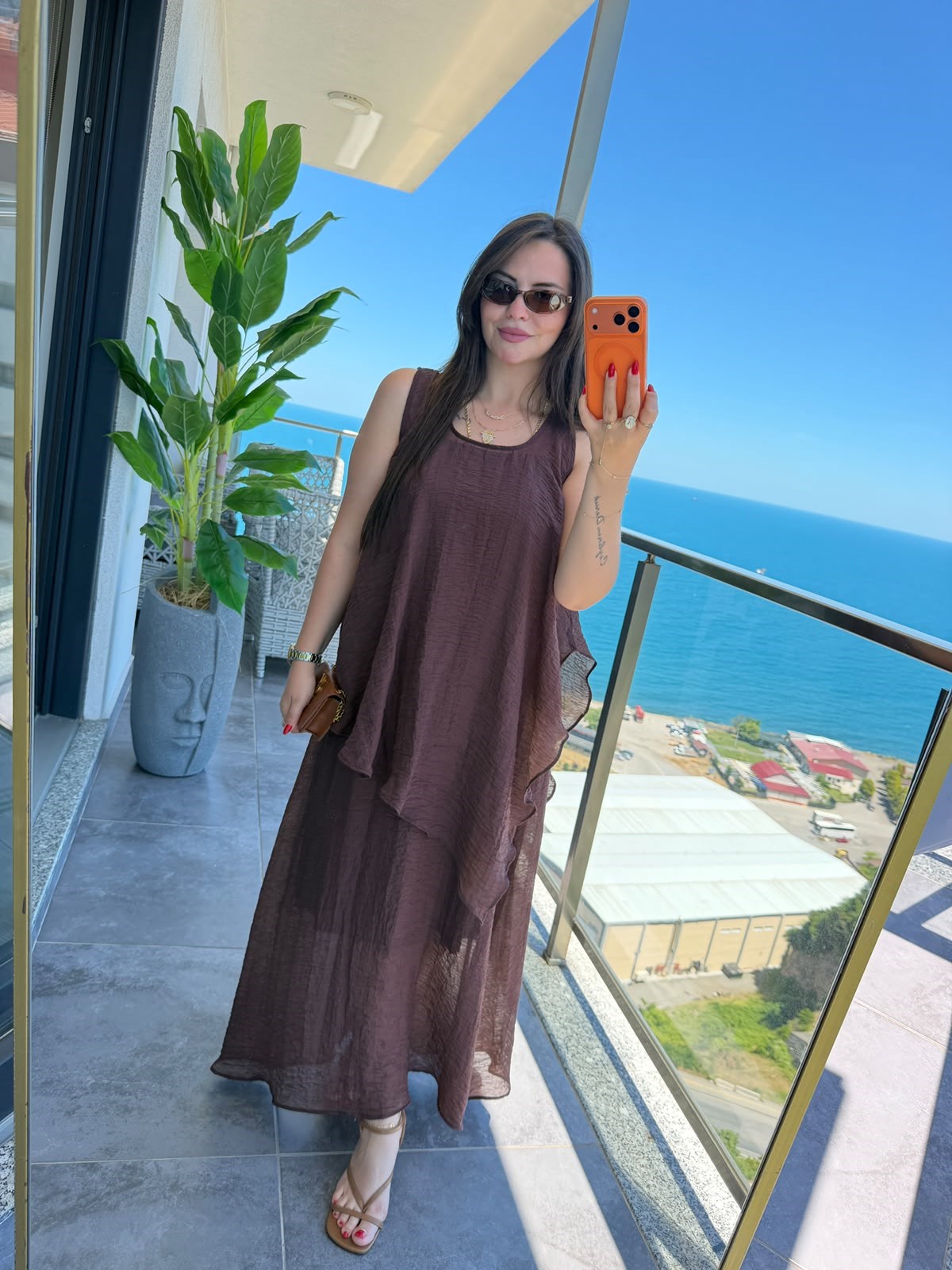 1400 Asimetrik Bluzlu Elbise KAHVE