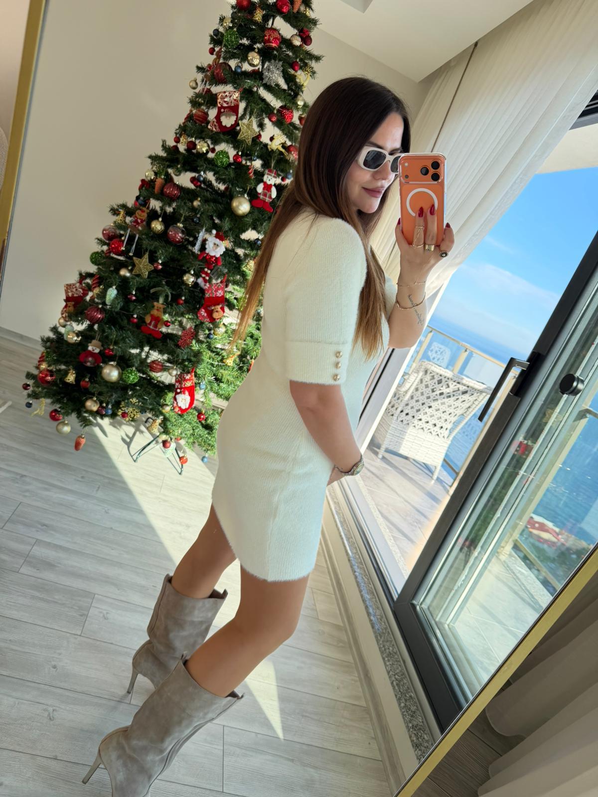 140221 Angora Kısa Kolu Elbise VANİLYA