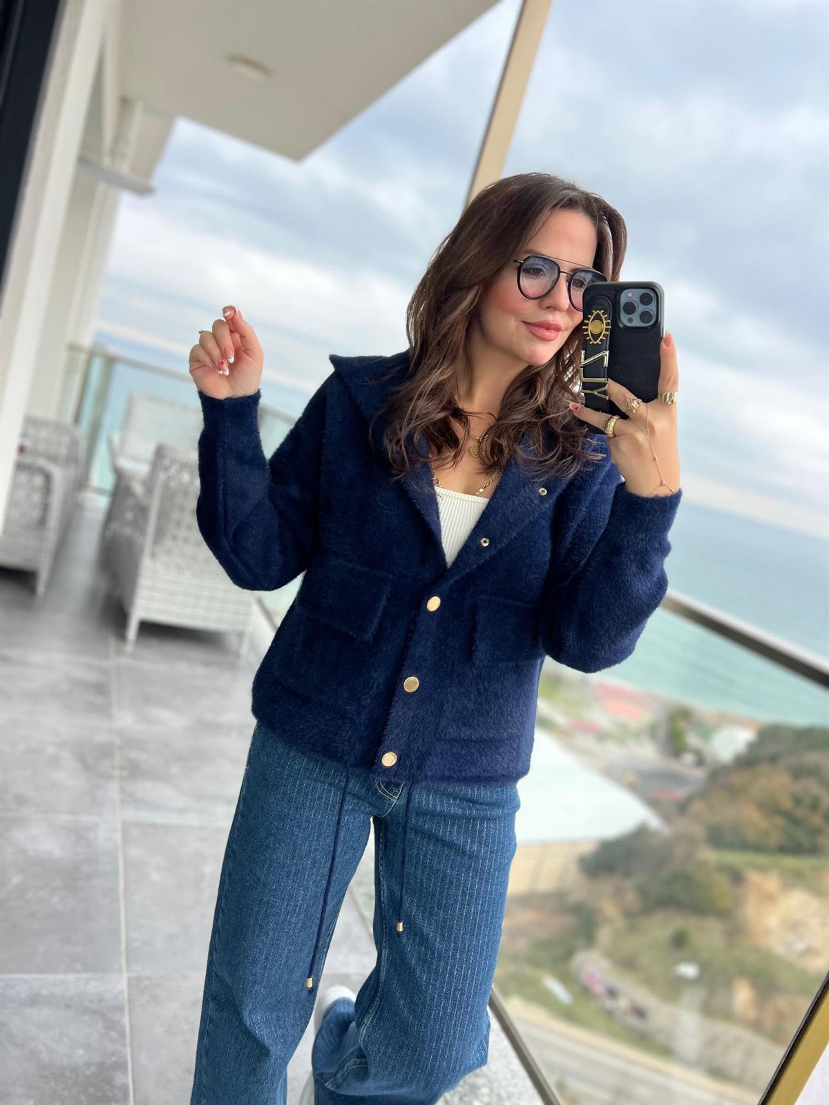 14944 Angora Kapüşonlu Düğmeli Hırka LACİVERT