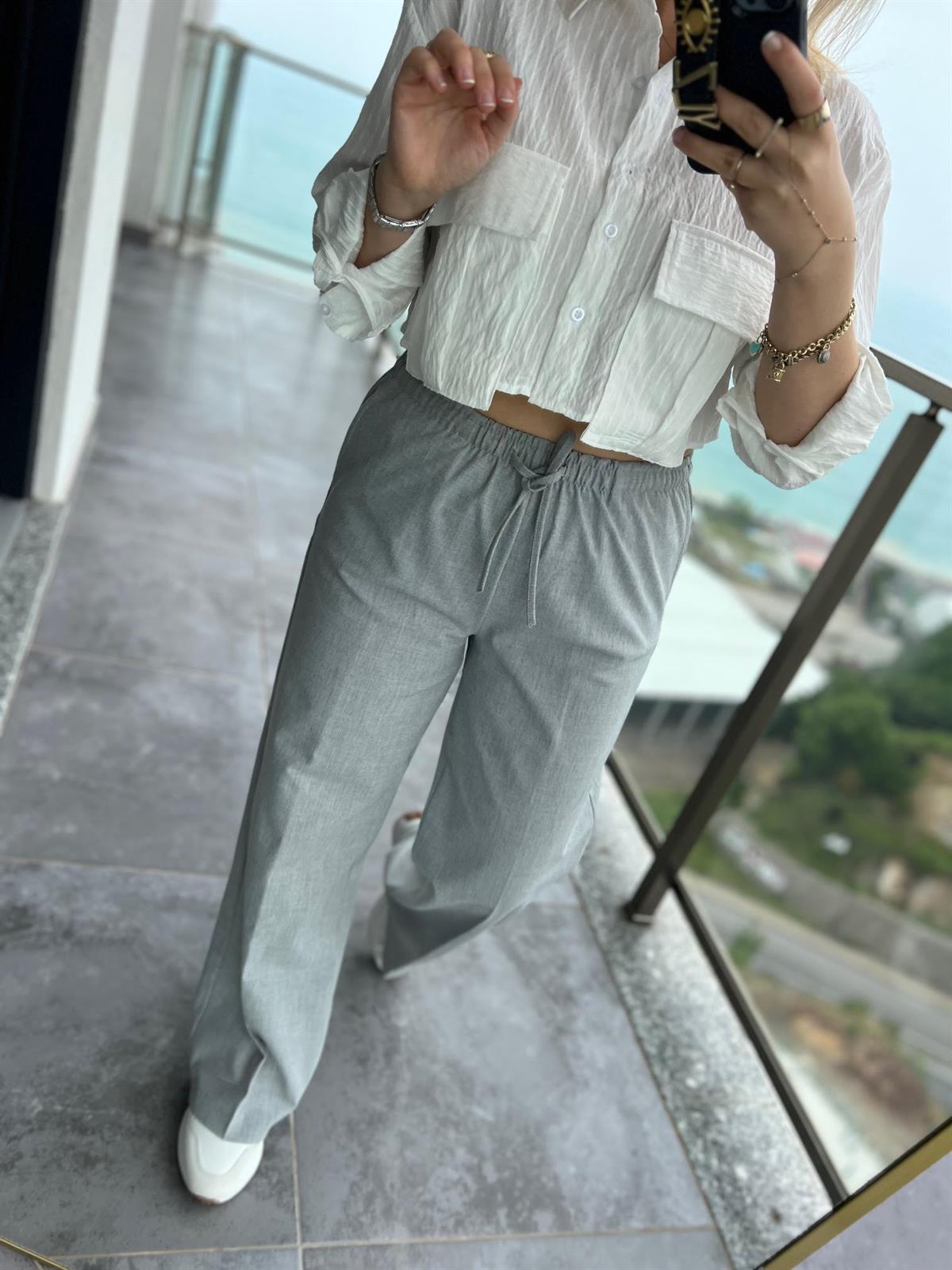 16054  Kemerli Lastikli Pantolon GRİ