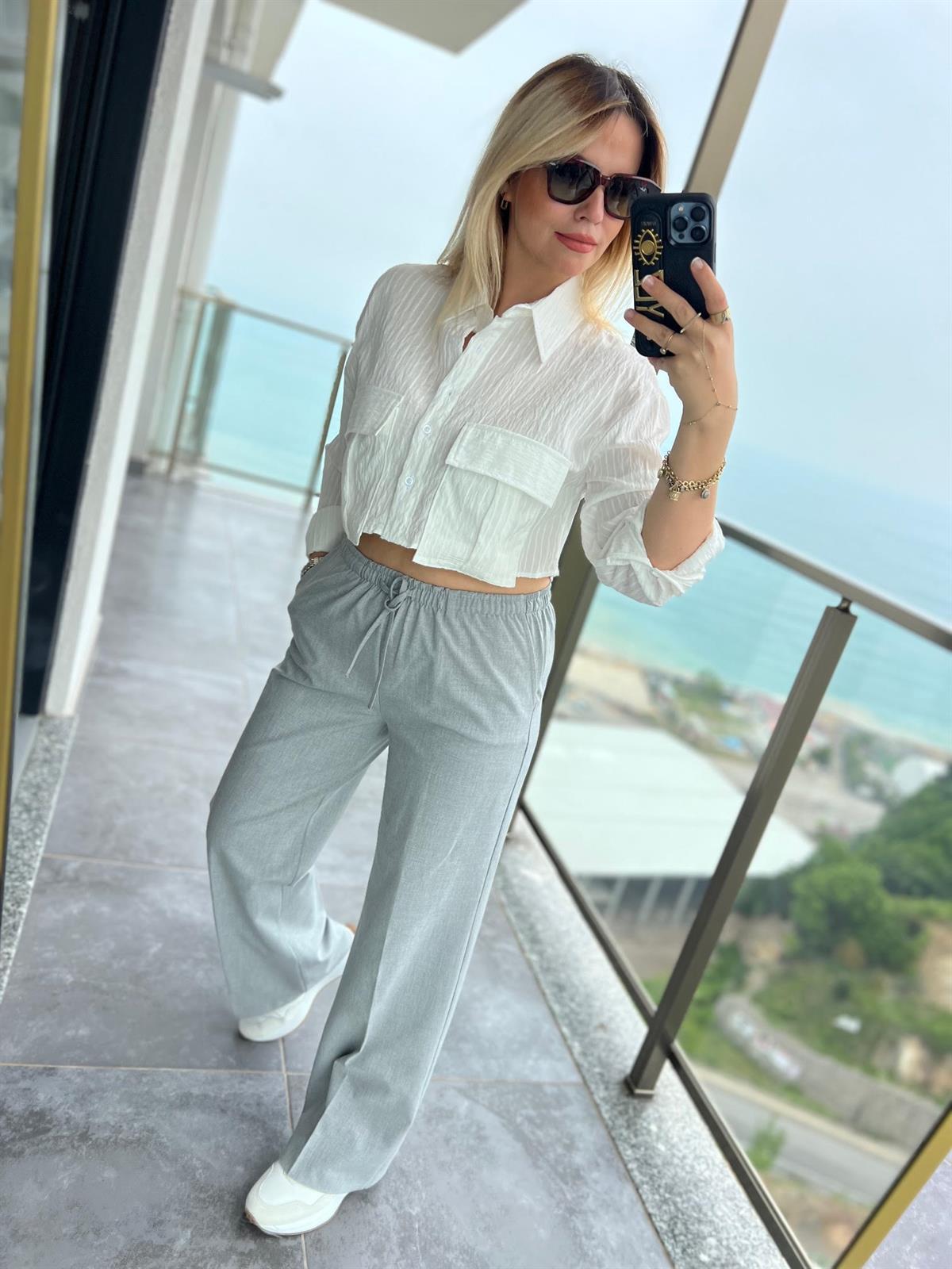 16054  Kemerli Lastikli Pantolon GRİ