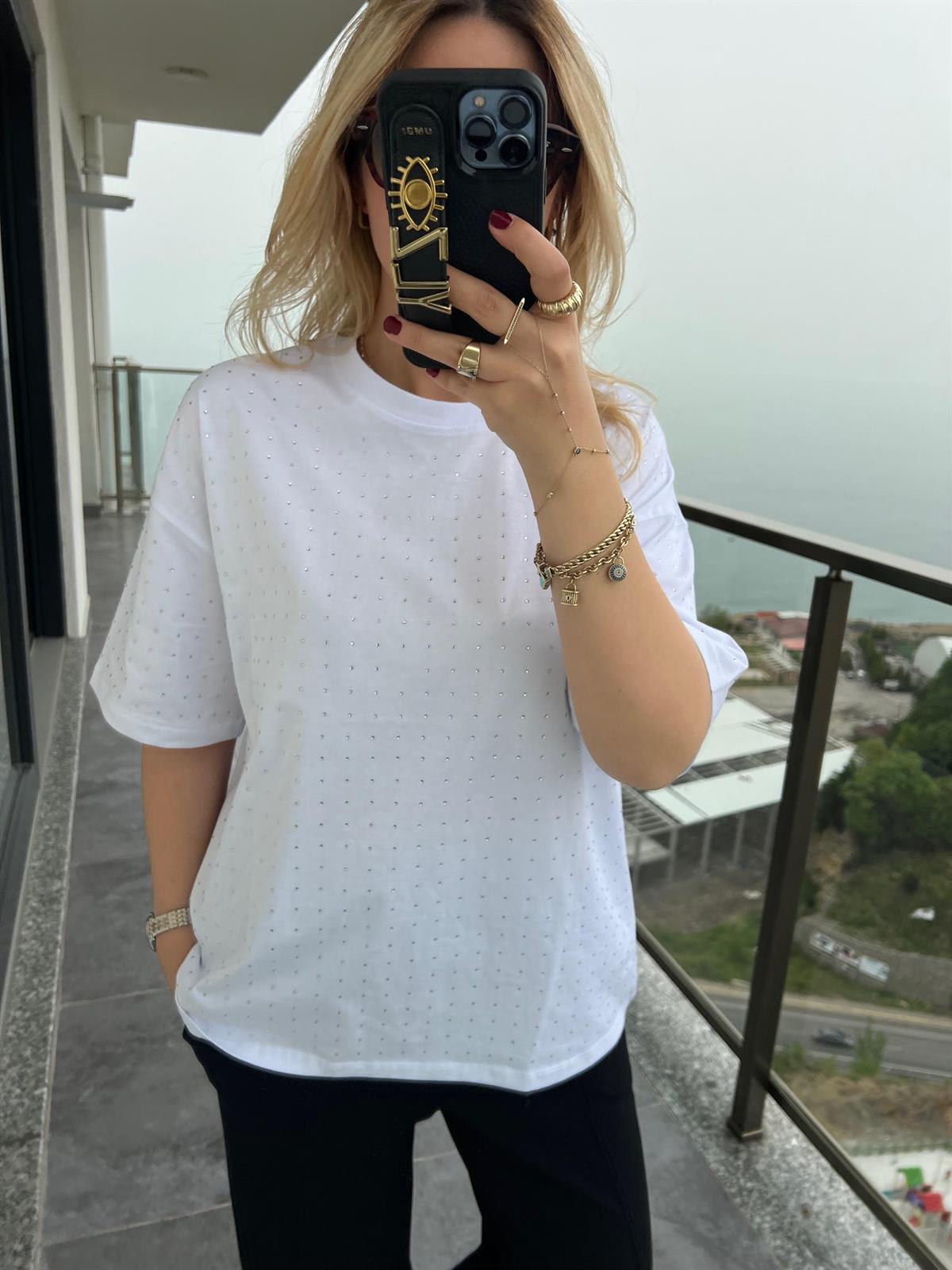 16116 Taşlı Tshirt BEYAZ