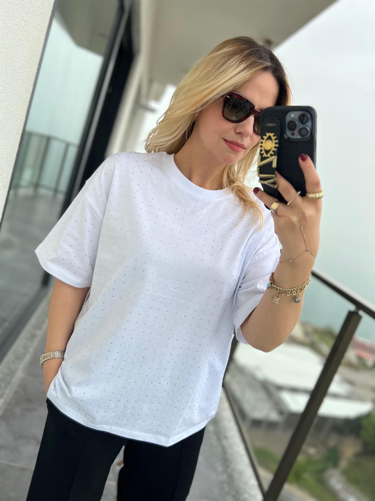 16116 Taşlı Tshirt BEYAZ