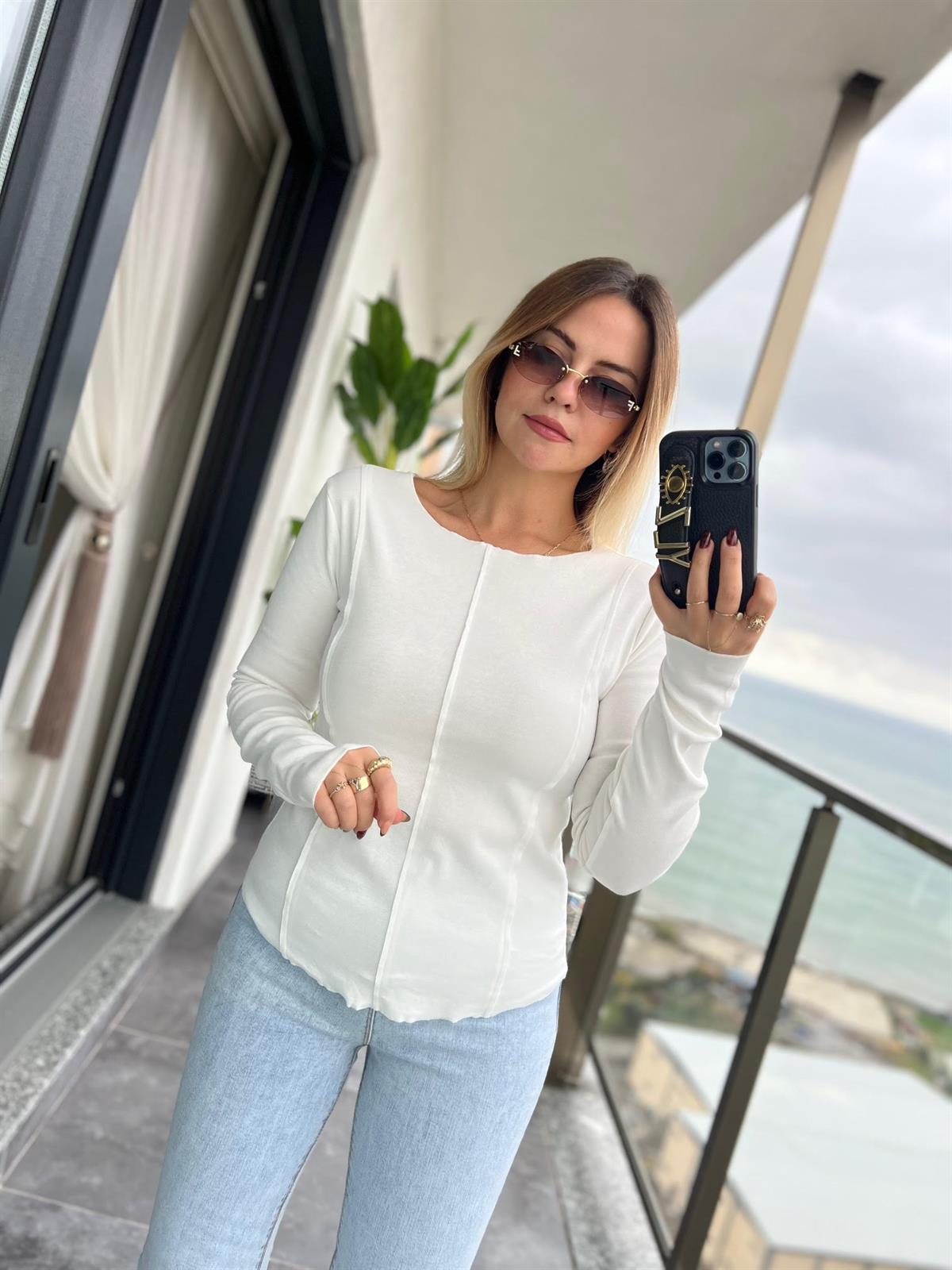 16454 Önü Dikişli Tshirt EKRU
