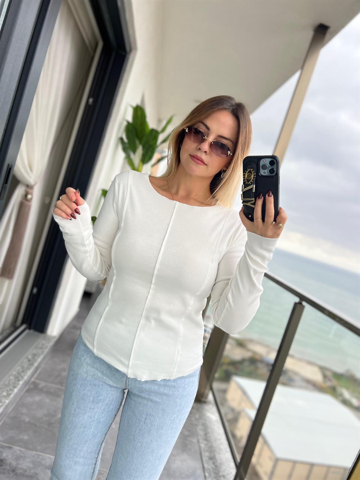 16454 Önü Dikişli Tshirt EKRU