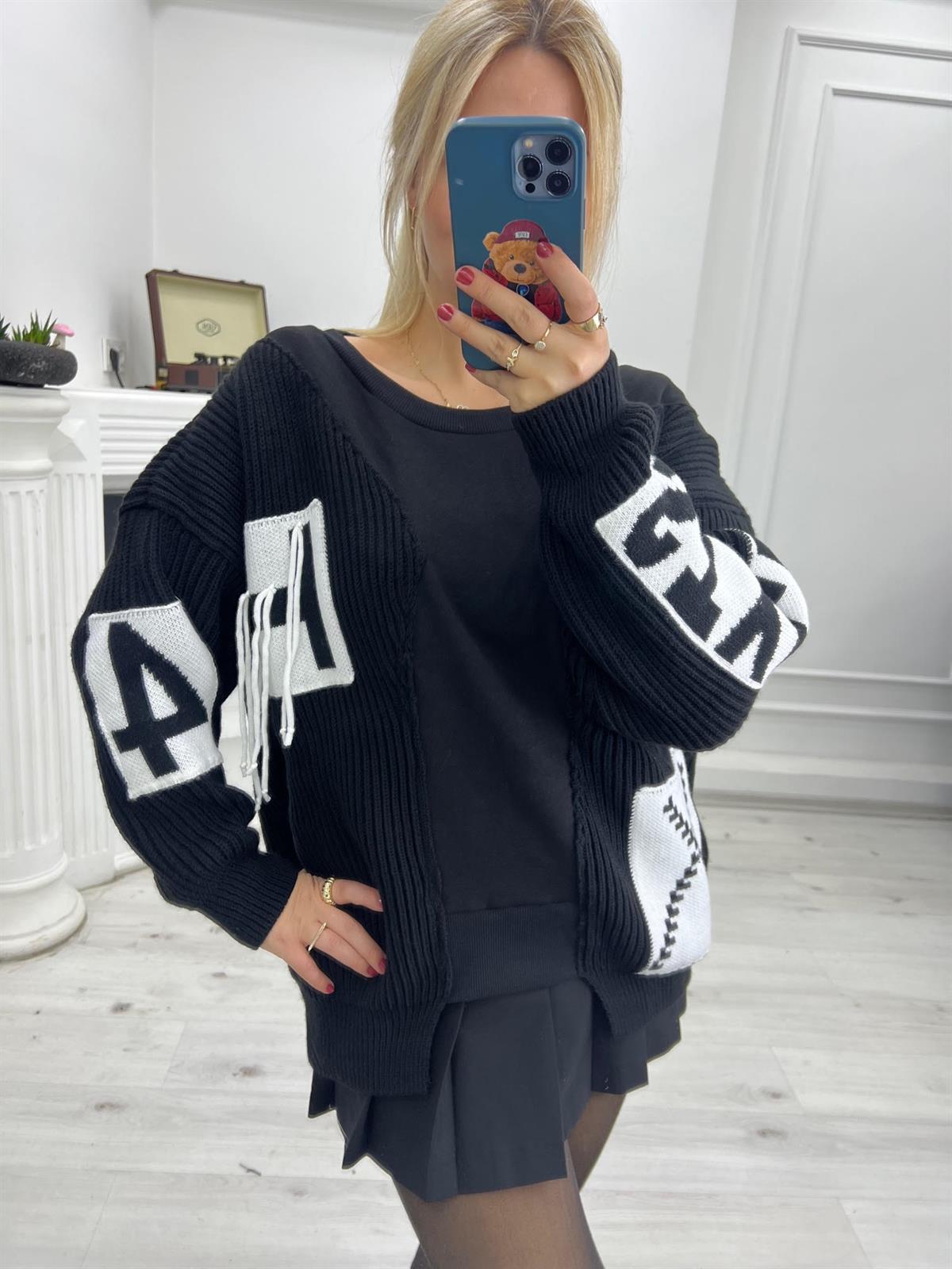1726 Cep İp Detay Tasarım Triko Sweat SİYAH