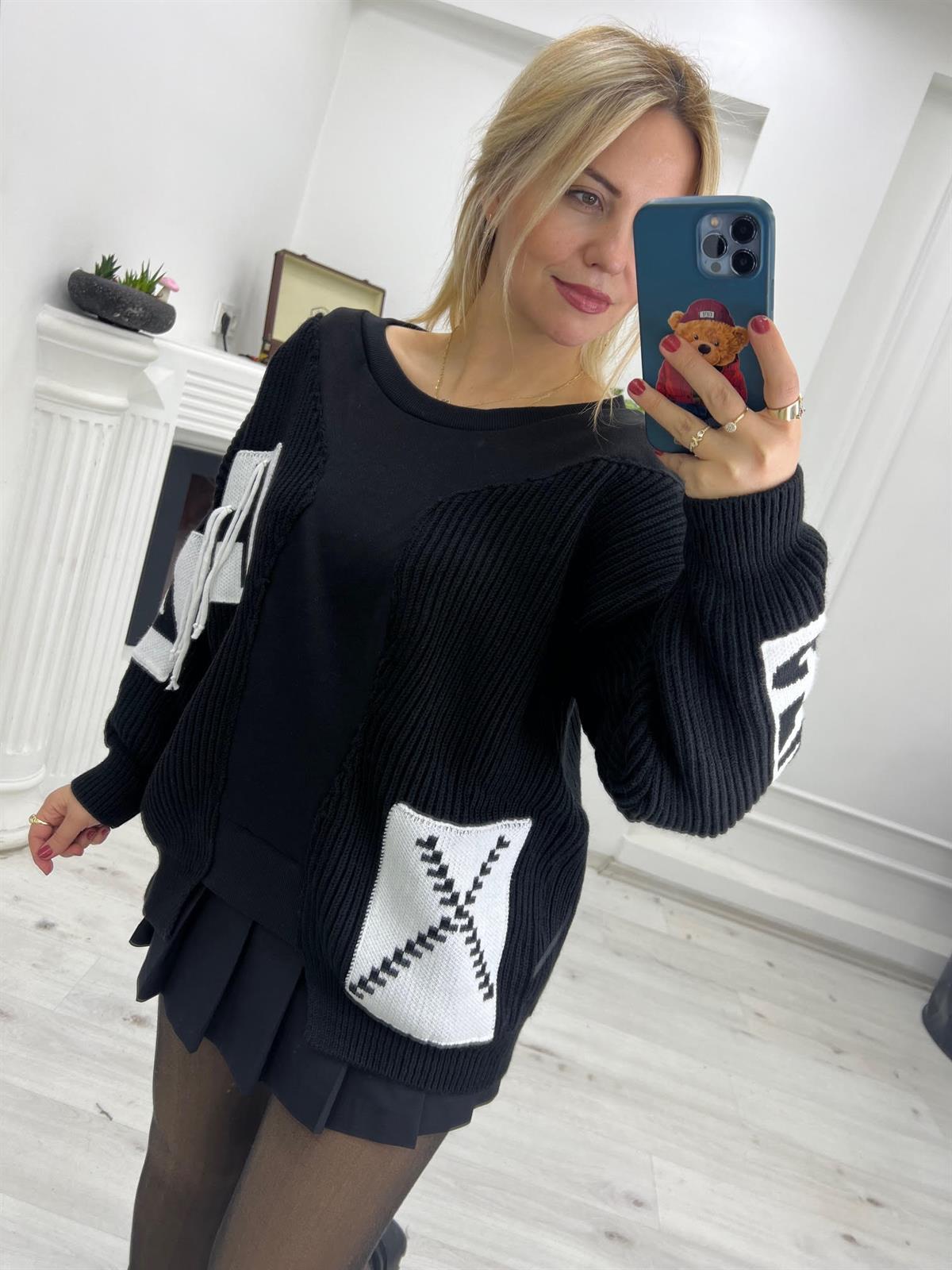 1726 Cep İp Detay Tasarım Triko Sweat SİYAH