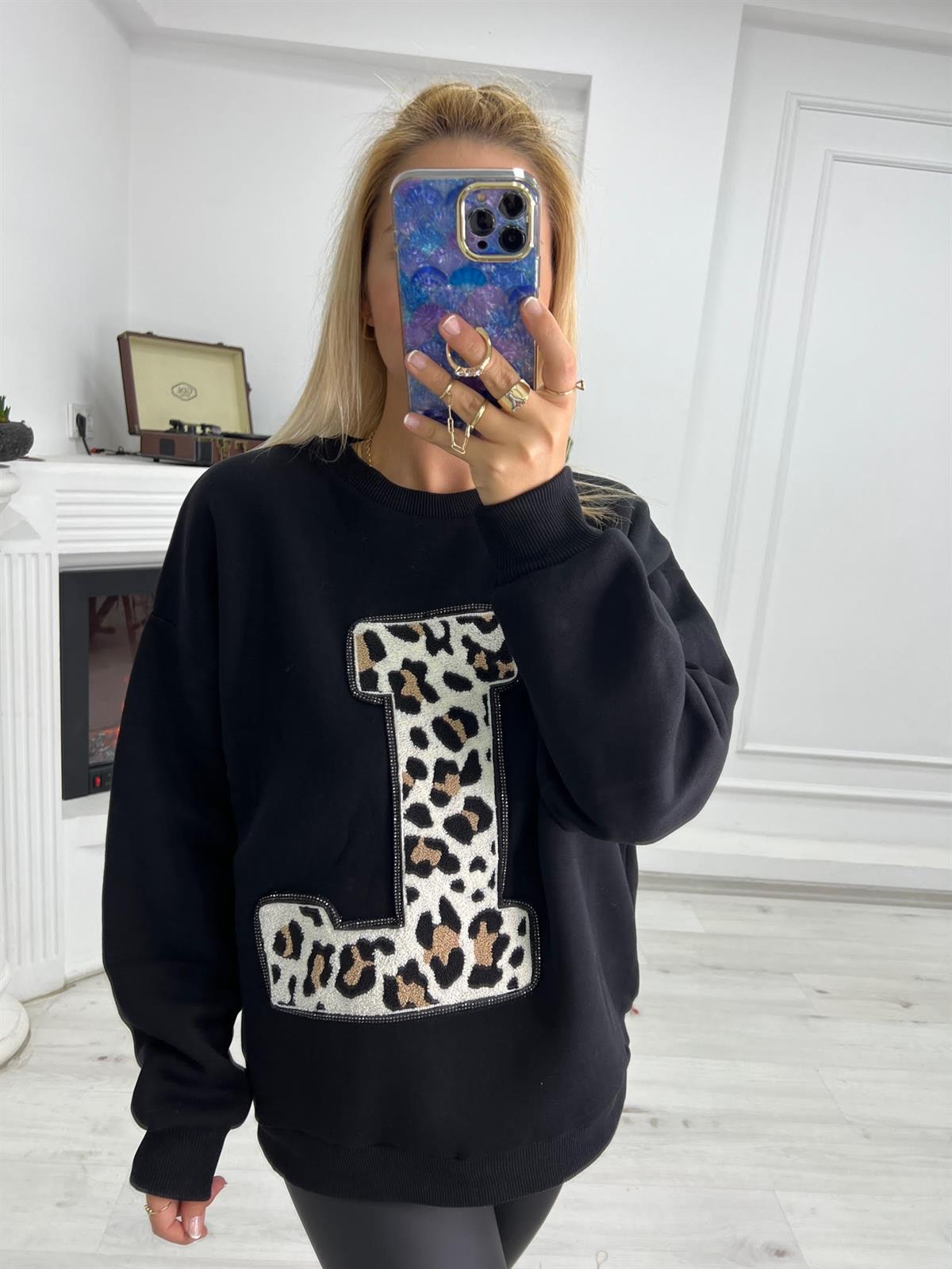 17777 Leopar Detay Sweat SİYAH