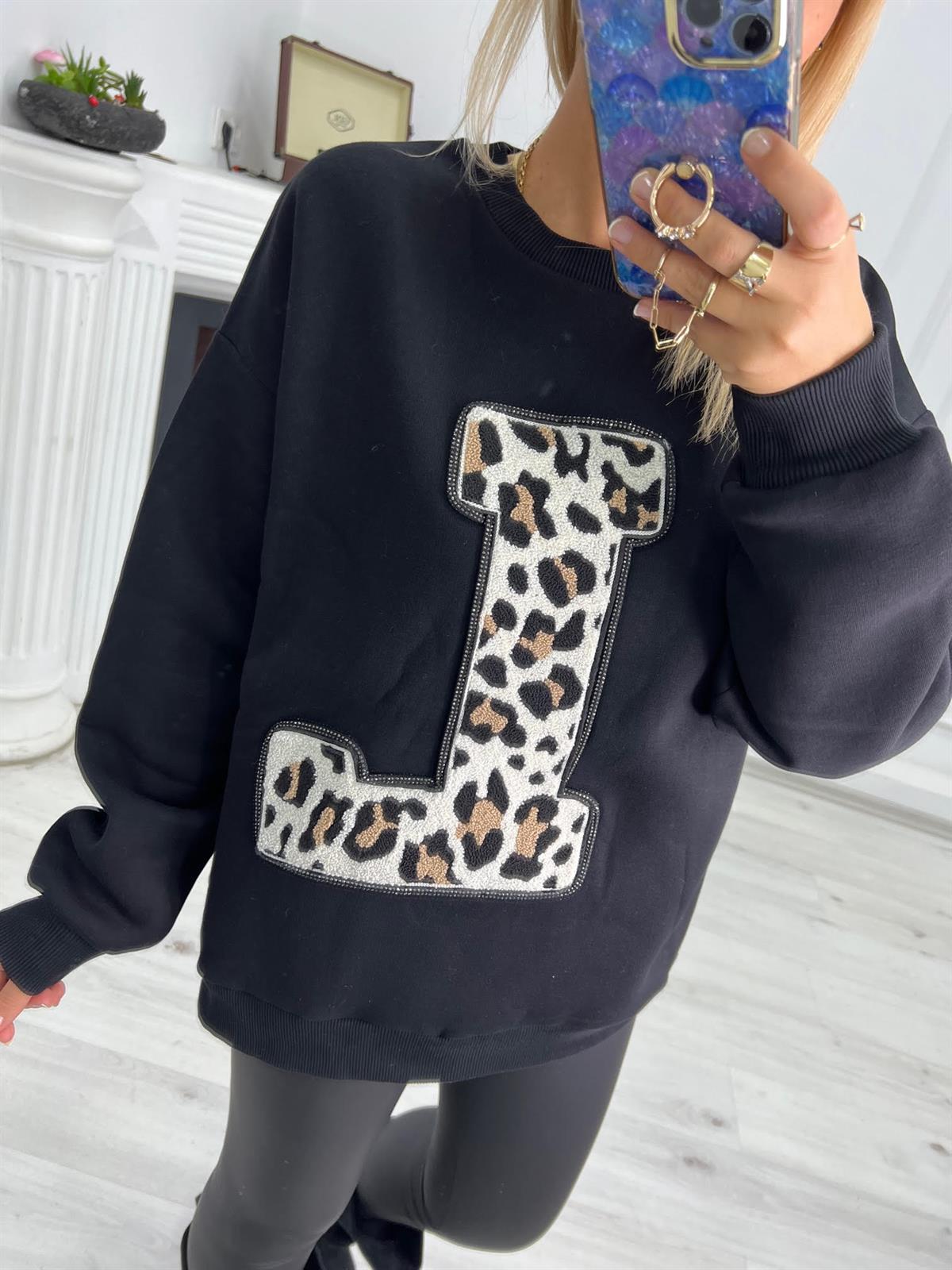 17777 Leopar Detay Sweat SİYAH