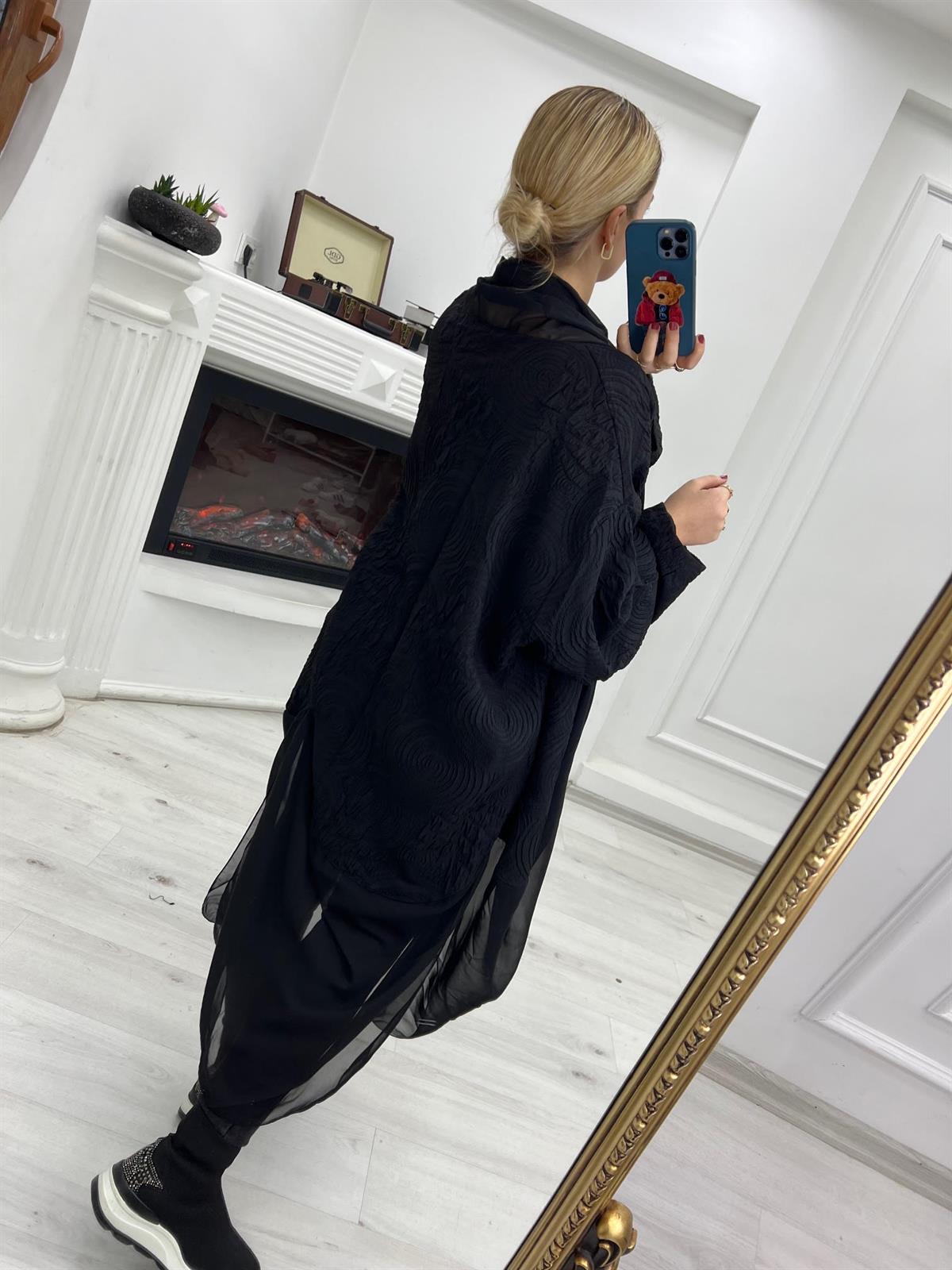 1877  Tül Detay Tasarım Kimono SİYAH
