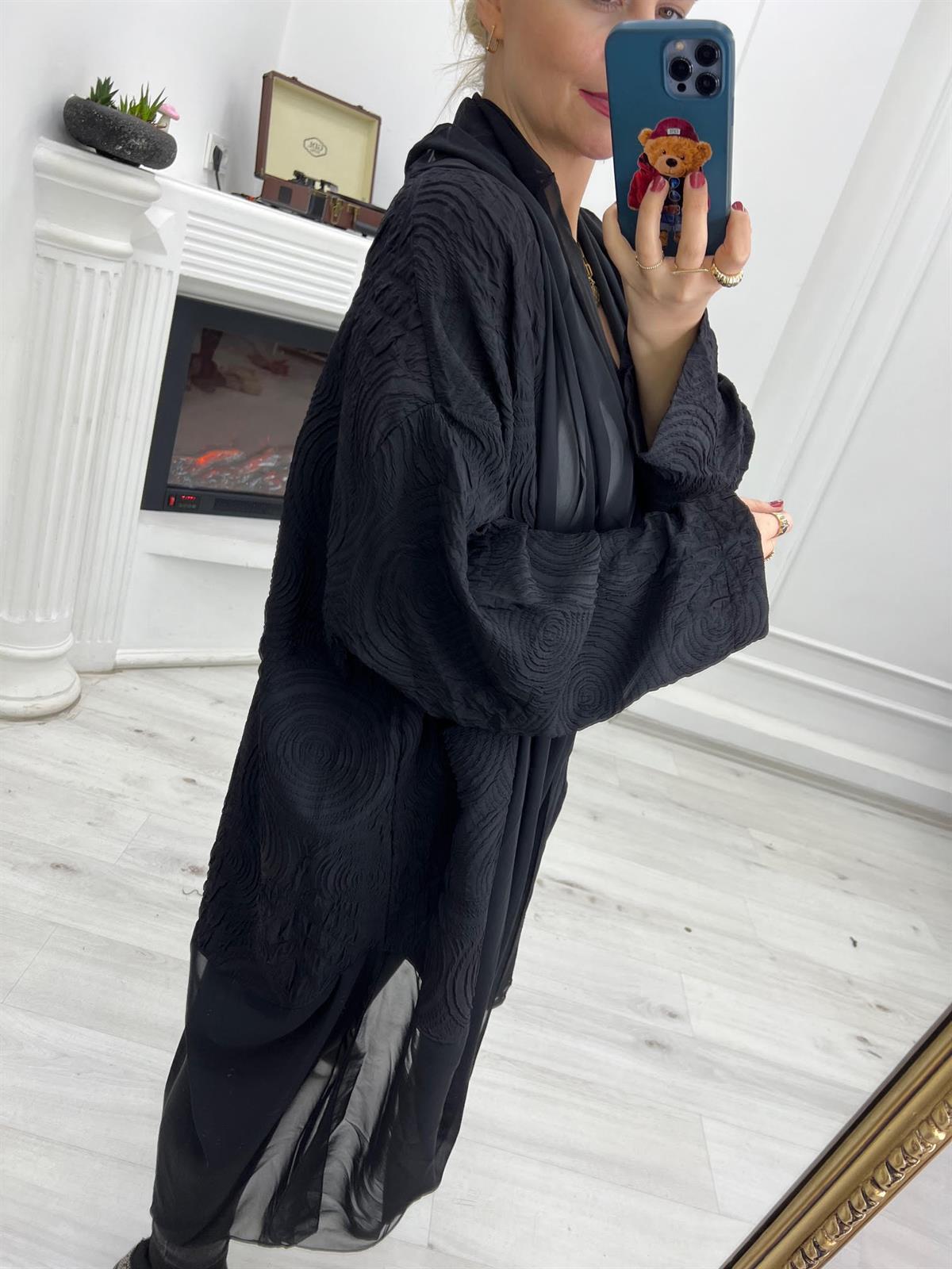 1877  Tül Detay Tasarım Kimono SİYAH