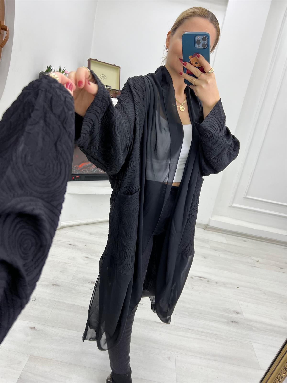 1877  Tül Detay Tasarım Kimono SİYAH