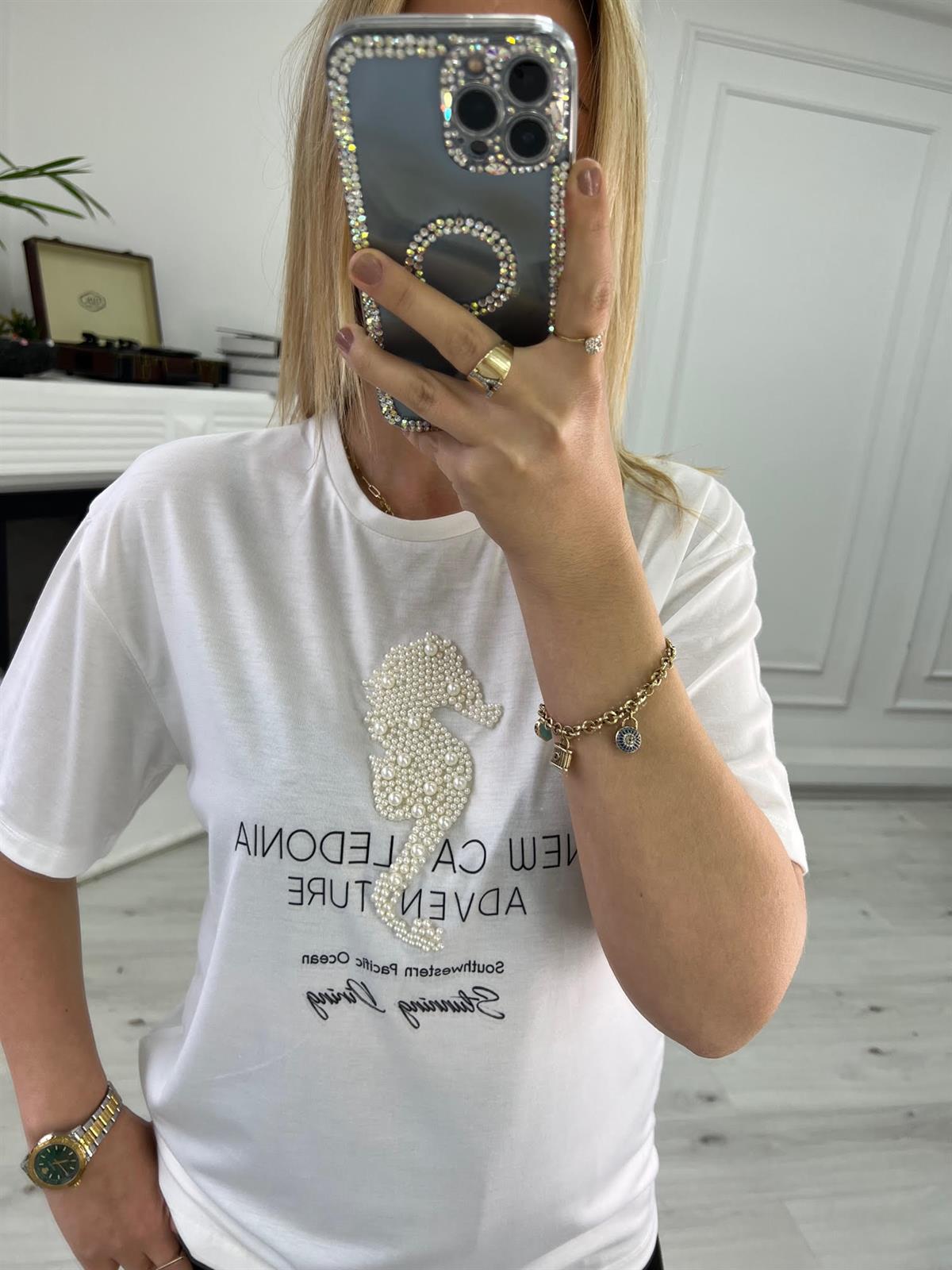 20561 Önü İncili Tshirt EKRU