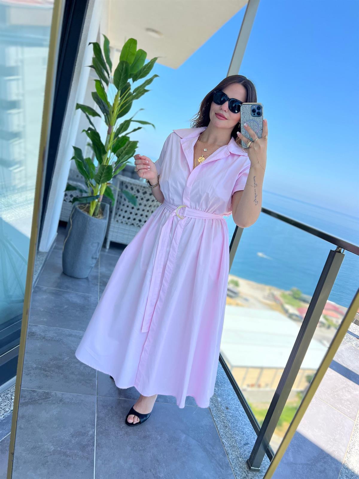 2075 Kemerli Elbise PEMBE