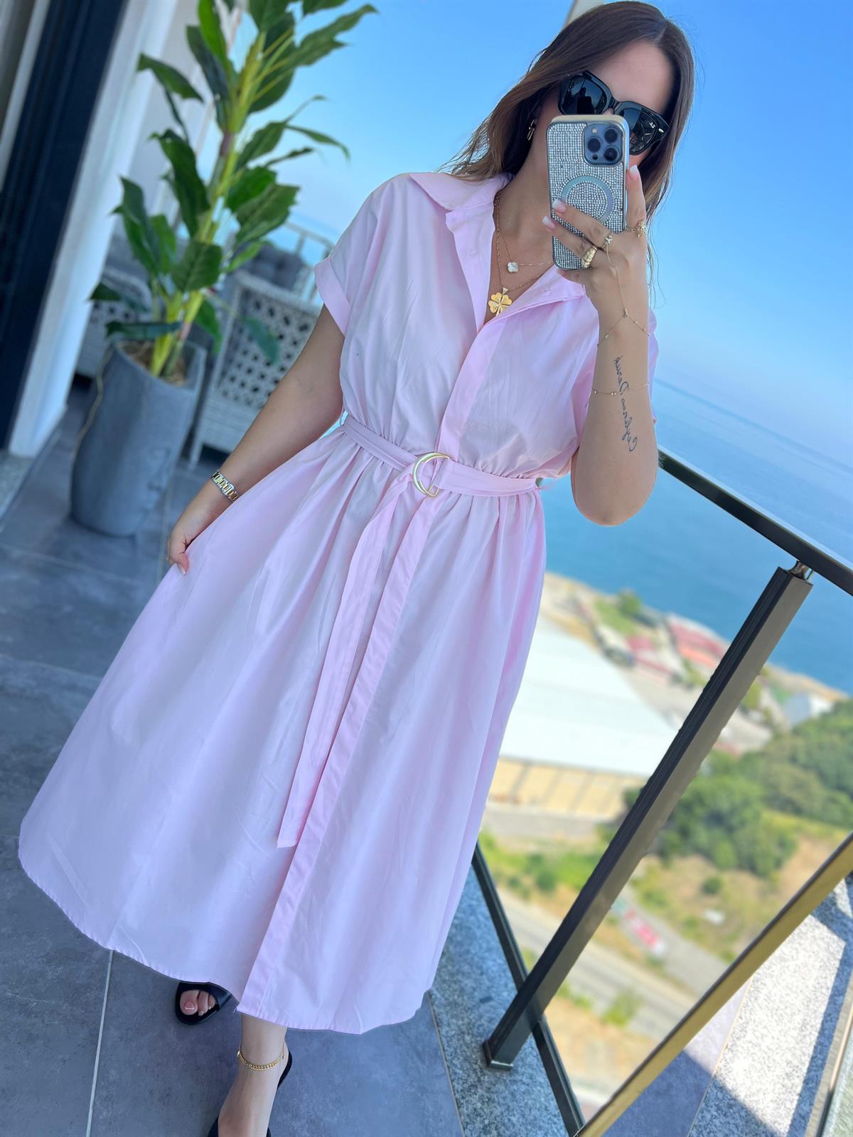 2075 Kemerli Elbise PEMBE