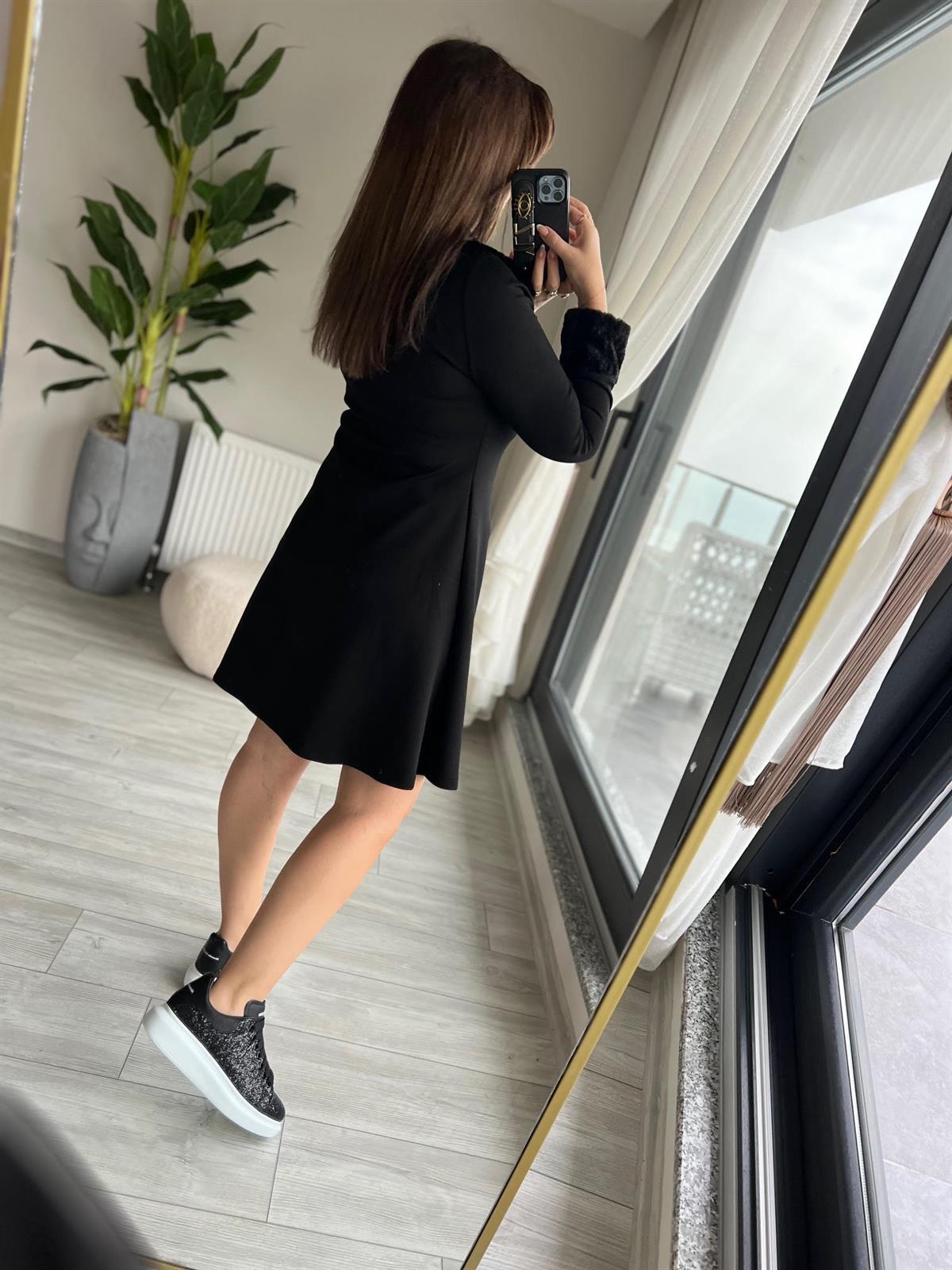 2077 Kürk Detay Çan Mini Elbise SİYAH