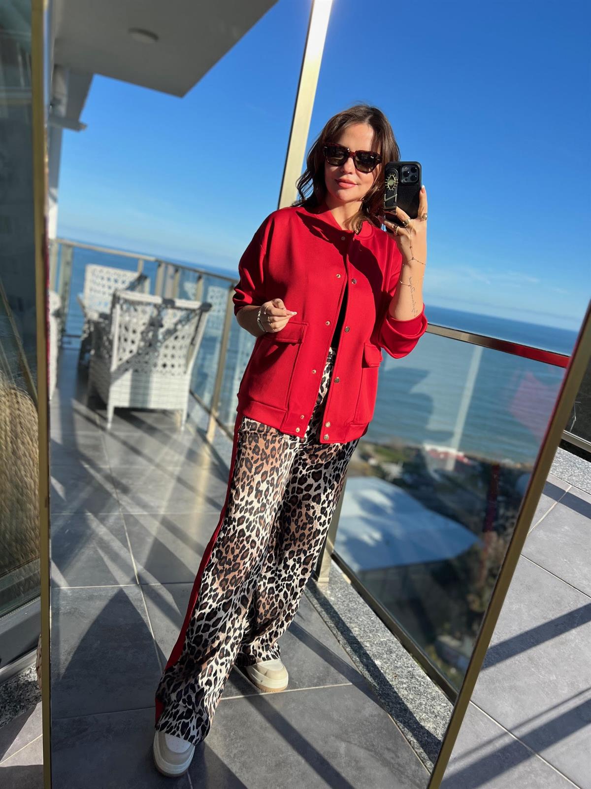 2080 Leopar Pantolonlu Takım KIRMIZI