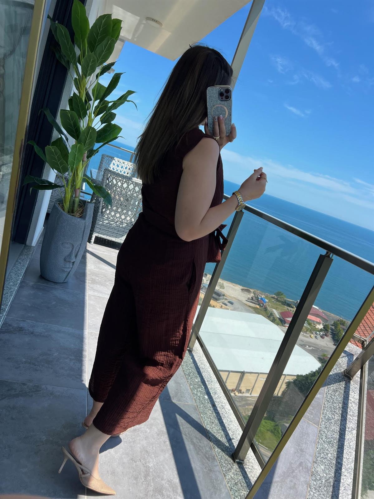 2092 Sıfır Kollu Tulum KAHVE